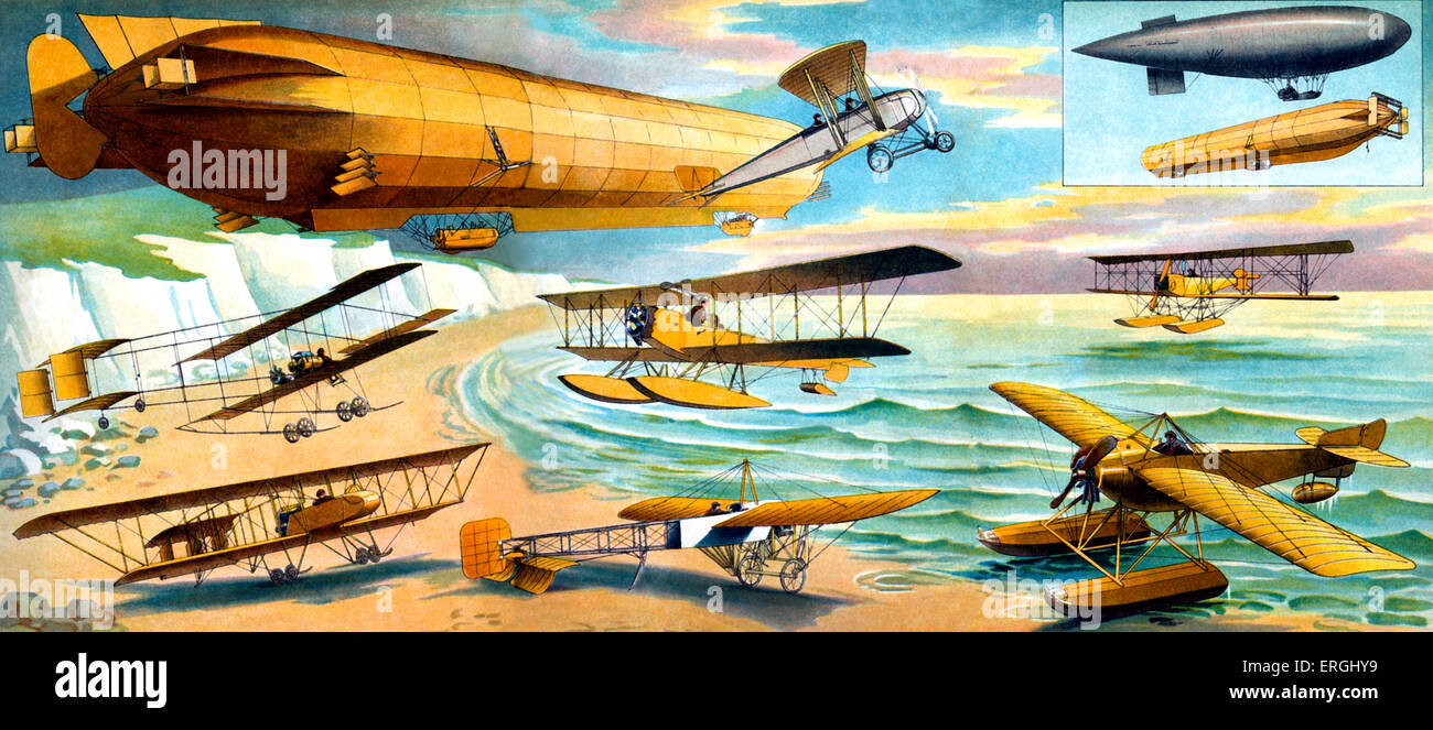Plakat von Flugzeugen und Luftschiffen. Featuring Bristol Doppeldecker, Parsifal Luftschiff, französische Luftschiff, Zeppelin Luftschiff, Avro Stockfoto