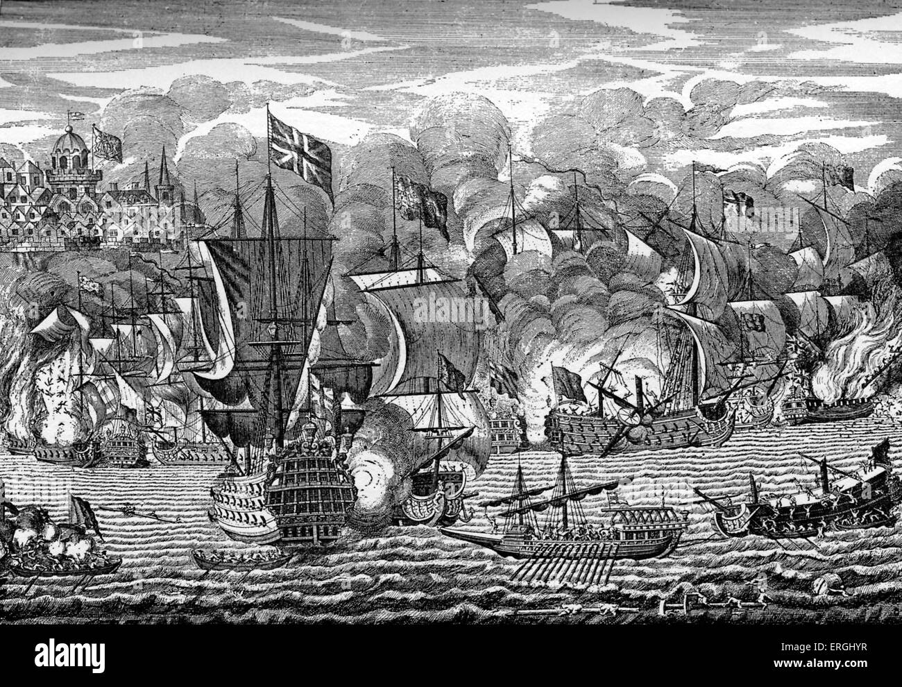 Schlacht von Cabrita Punkt, 20. März 1705. Zeigt die Belagerung von Gibraltar durch französische und spanische Schiffe von englischen Truppen unter Sir John Leake abgestoßen wird. Stockfoto