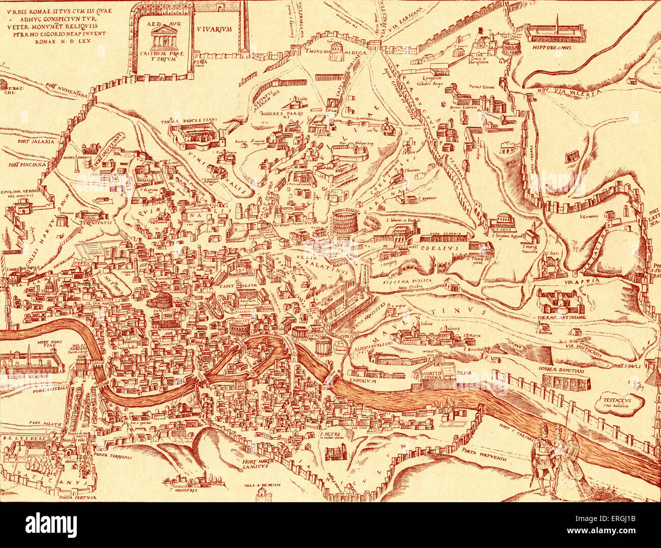 Karte von Rom und die antiken Monumente - in "Civitas Oreis Terrarum" von Braun und Hogenbergs. Buch 2:1574-1618. Italien. Stockfoto
