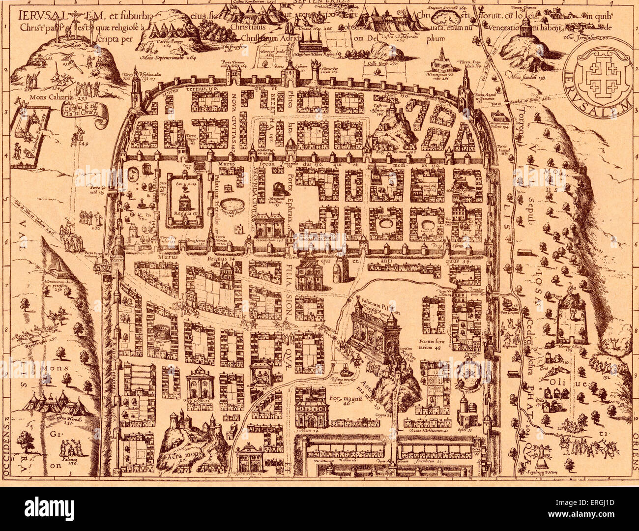Karte von Jerusalem und seine Vororte in "Civitas Oreis Terrarum" von Braun und Hogenbergs. Buch 4:1574-1618. Stockfoto