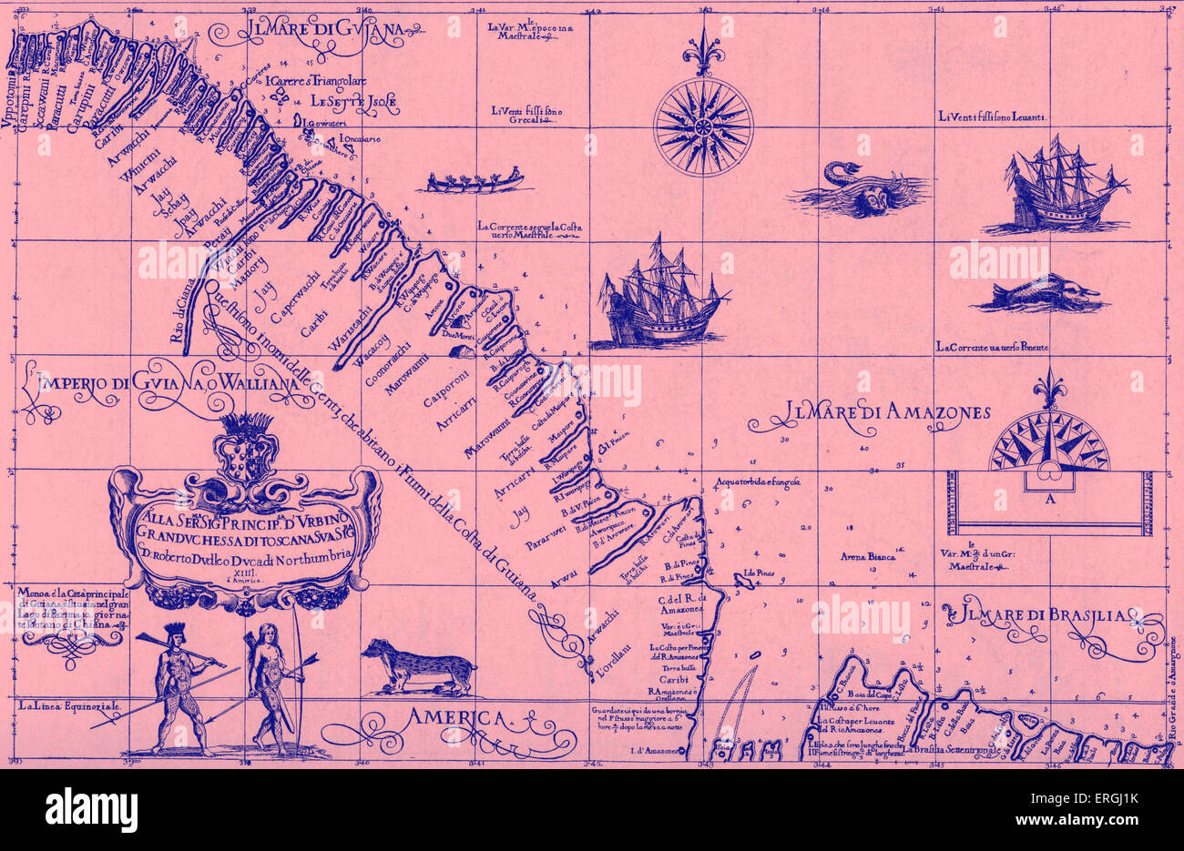 Karte von der Küste-Guayana - veröffentlicht in Dudleys 'Dell 'arkano del Mare", 1646 - 47. Stockfoto