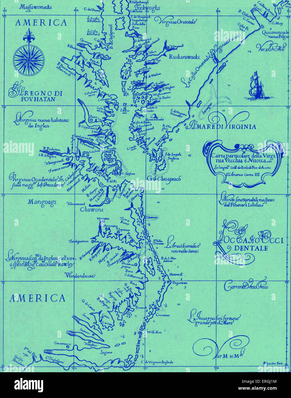 Karte von alten und neuen Virginia - veröffentlicht in Dudleys 'Dell 'arkano del Mare", 1646 - 47. Amerikanischen Kolonien. Stockfoto
