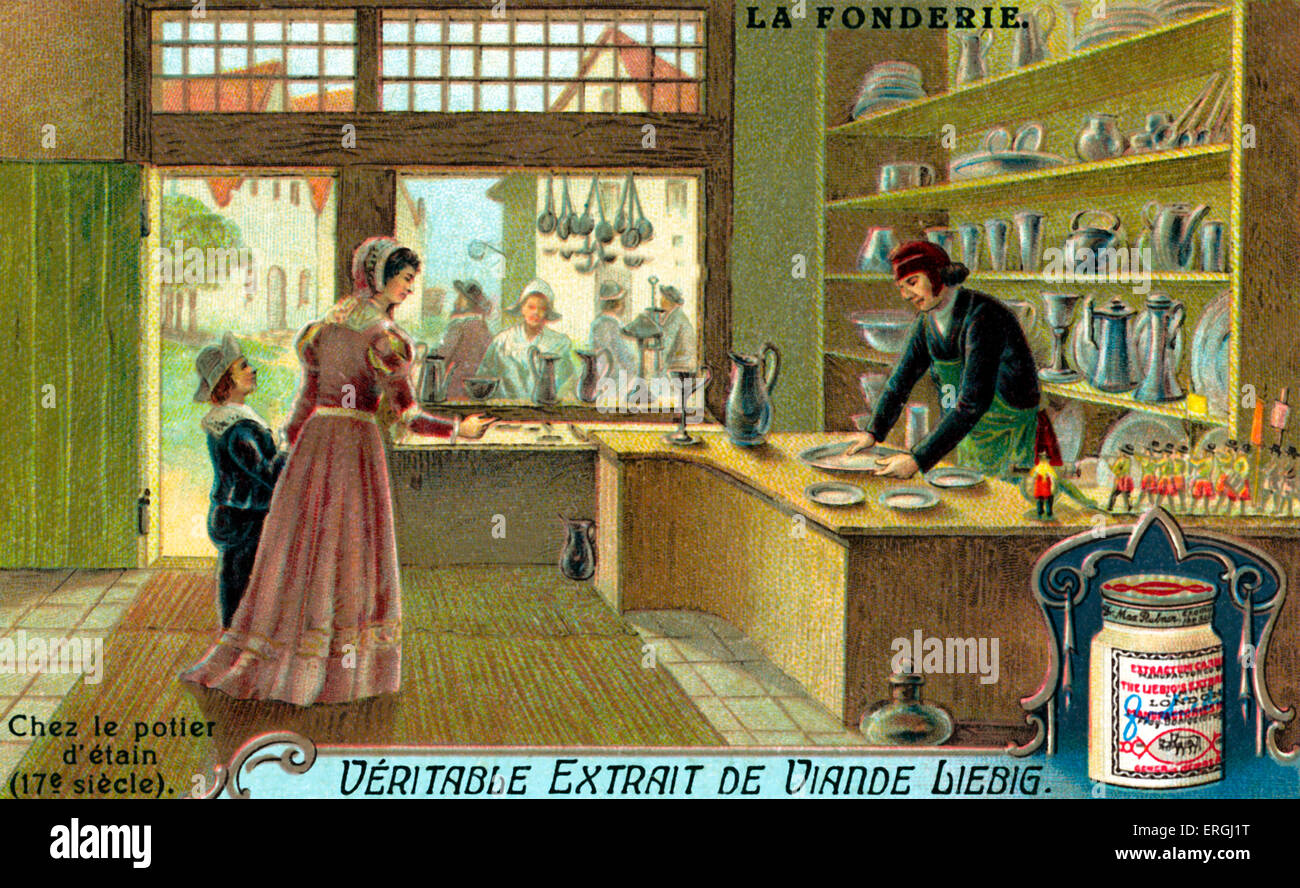 Metal Casting: Spengler Shop, 17. Jahrhundert (Französisch: "Chez le Potier d' Étain. 17e Siècle).  Abbildung auf Geschichte aus Metall Stockfoto