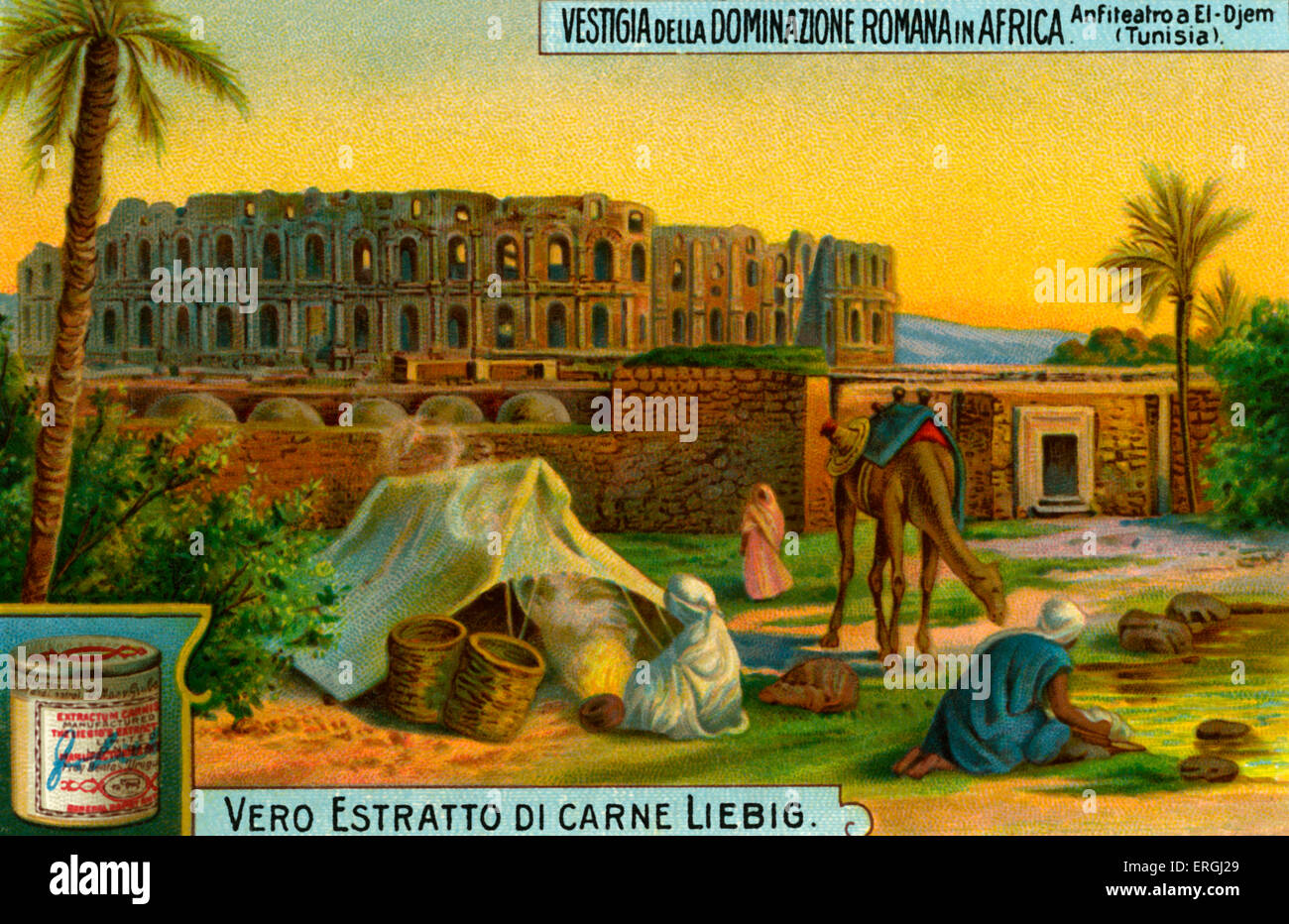 Amphitheater in El Djem, Tunesien. Illustration von Liebig Sammelkarten-Serie "Überreste des römischen Reiches in Afrika" Stockfoto
