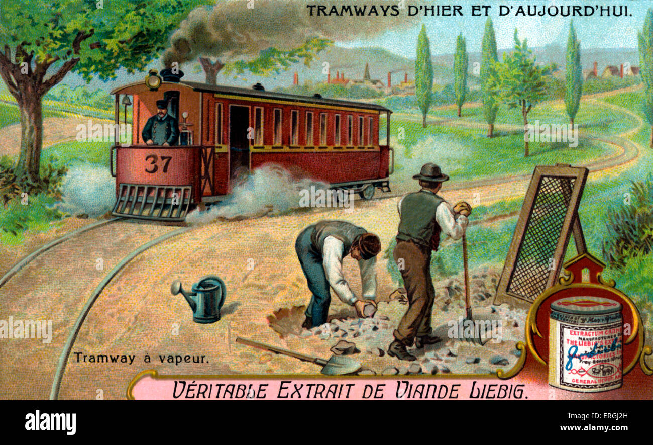 Dampfstraßenbahn. Illustration von Liebig Sammelkarten-Serie: "Straßenbahnen gestern und heute" ("Straßenbahnen d'hier et Stockfoto