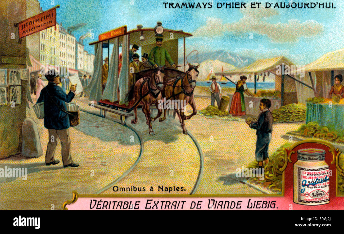 Omnibus in Neapel, Italien. Illustration von Liebig Sammelkarten-Serie: "Straßenbahnen gestern und heute" ("Straßenbahnen d'hier et Stockfoto