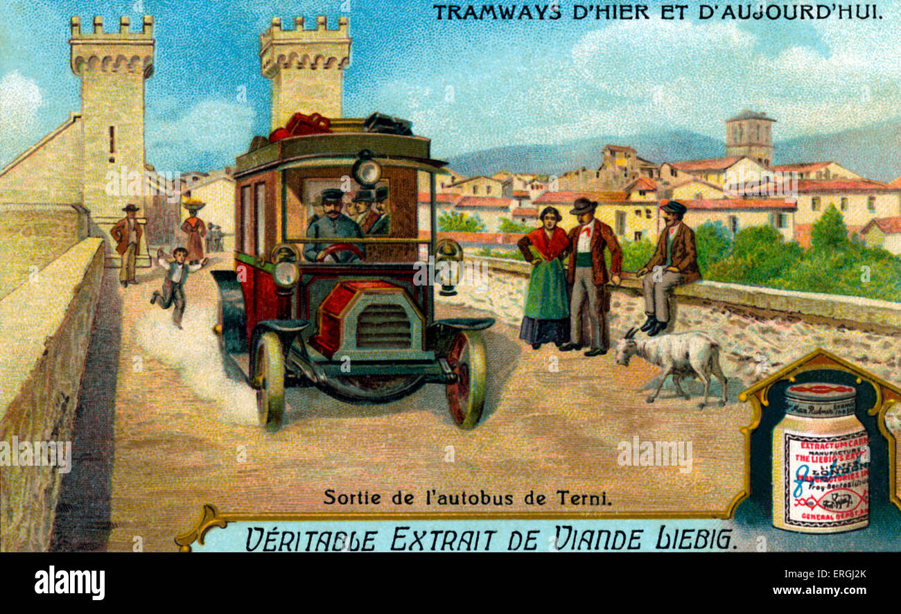 Bus aus Terni auf dem Weg zum Hafen von Garibaldi, Italien. Illustration von Liebig Sammelkarten-Serie: "Straßenbahnen Stockfoto