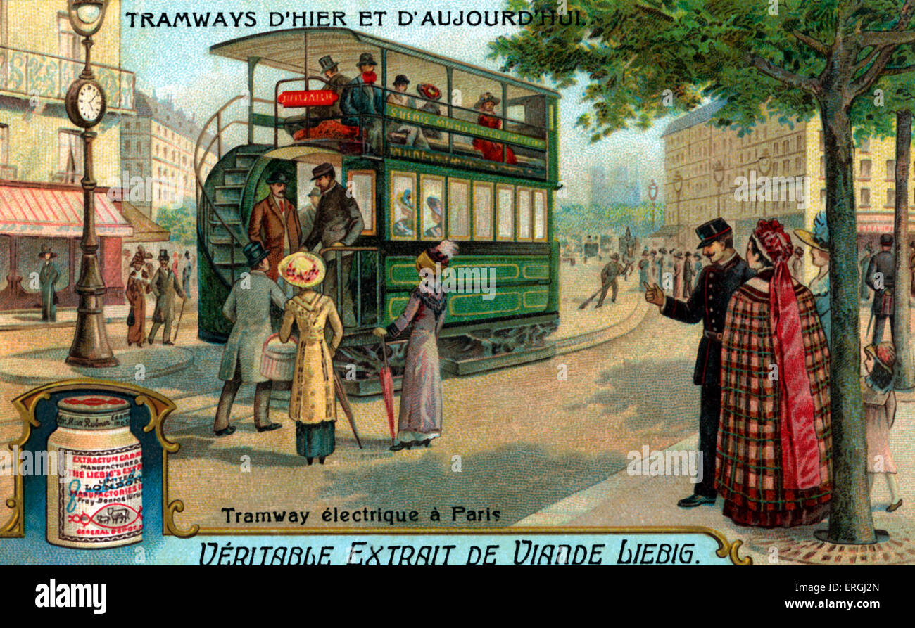 Elektrische Straßenbahn in Paris, Frankreich. Illustration von Liebig Sammelkarten-Serie: "Straßenbahnen gestern und heute" ("Straßenbahnen Stockfoto