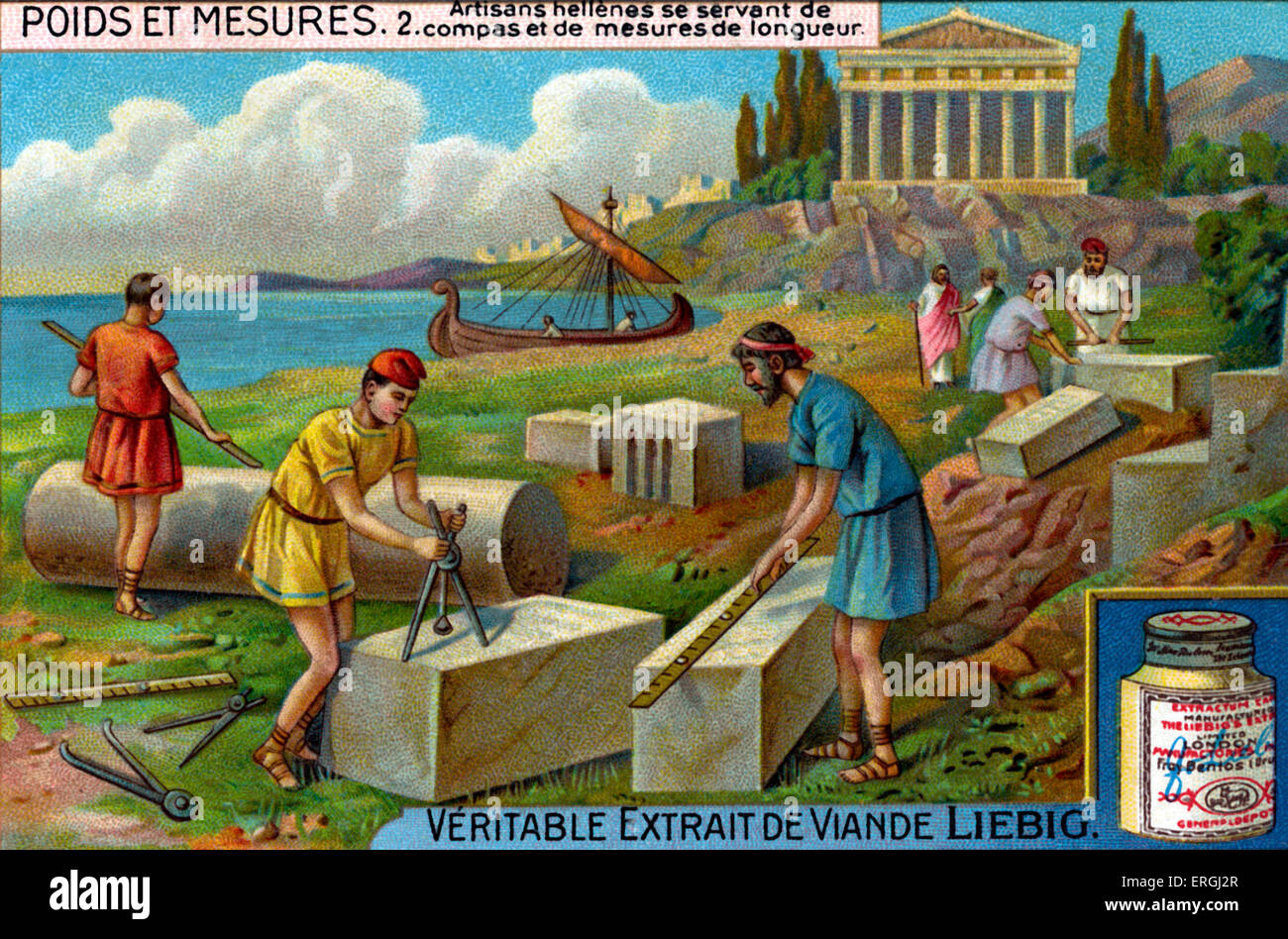 Griechische Handwerker mit einem Kompass und Messwerkzeuge.  Illustration von Liebig Sammelkarten-Serie: "Maße und Gewichte" Stockfoto