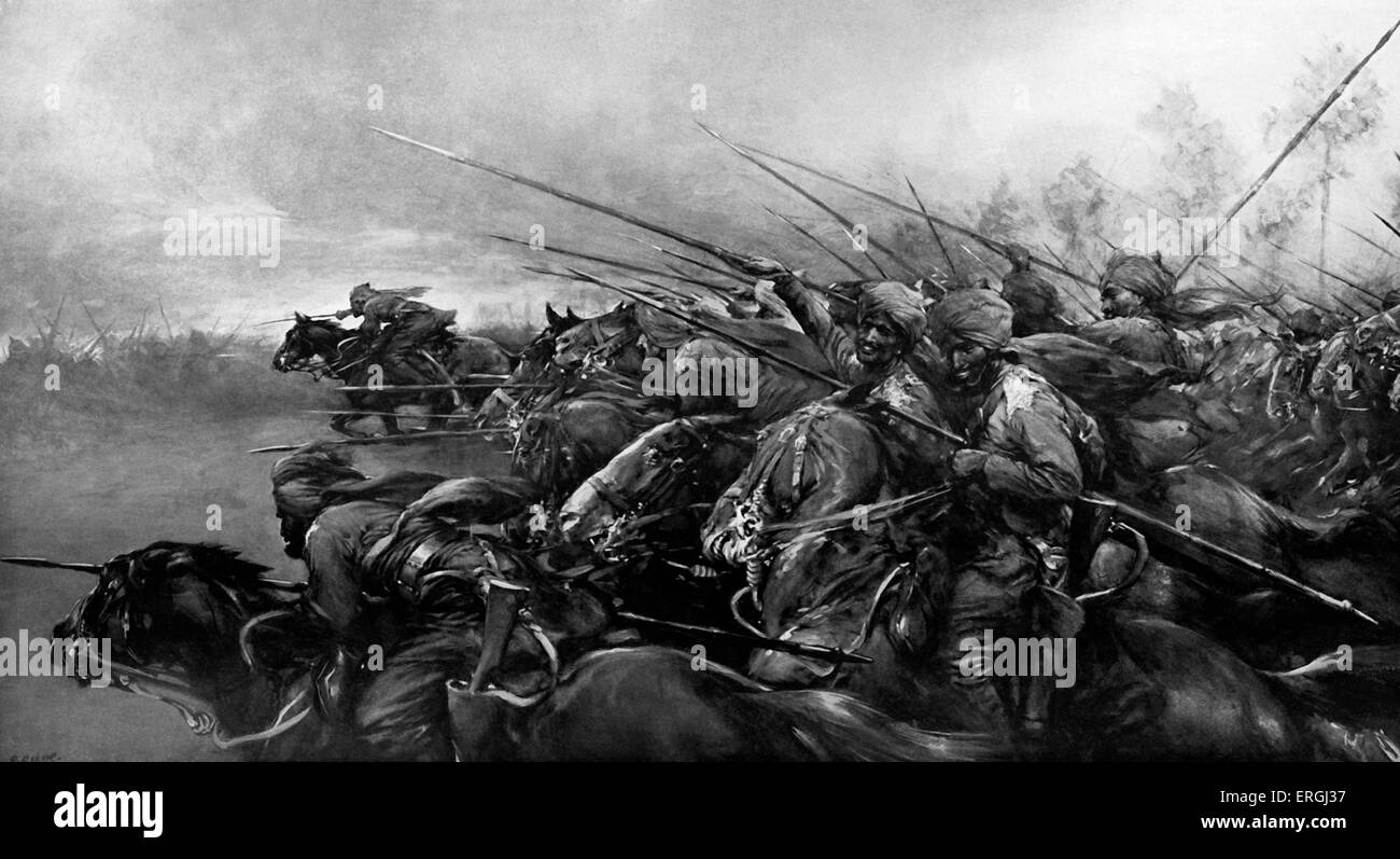 "Angriff!" - The Bengal Lancers in Aktion. Ein Vorfall an der Westfront. Illustration von Christopher Clark (1875-1942). Stockfoto