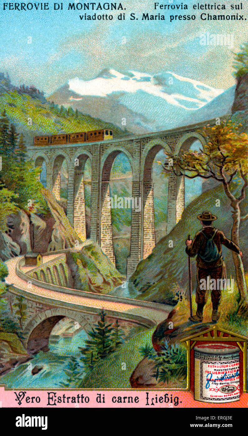 Elektrische Eisenbahn auf Santa Maria Viadukt in der Nähe von Chamonix.  Liebig Sammelkarten-Serie: "Ferrovie di Montagna" ("Berg Stockfoto