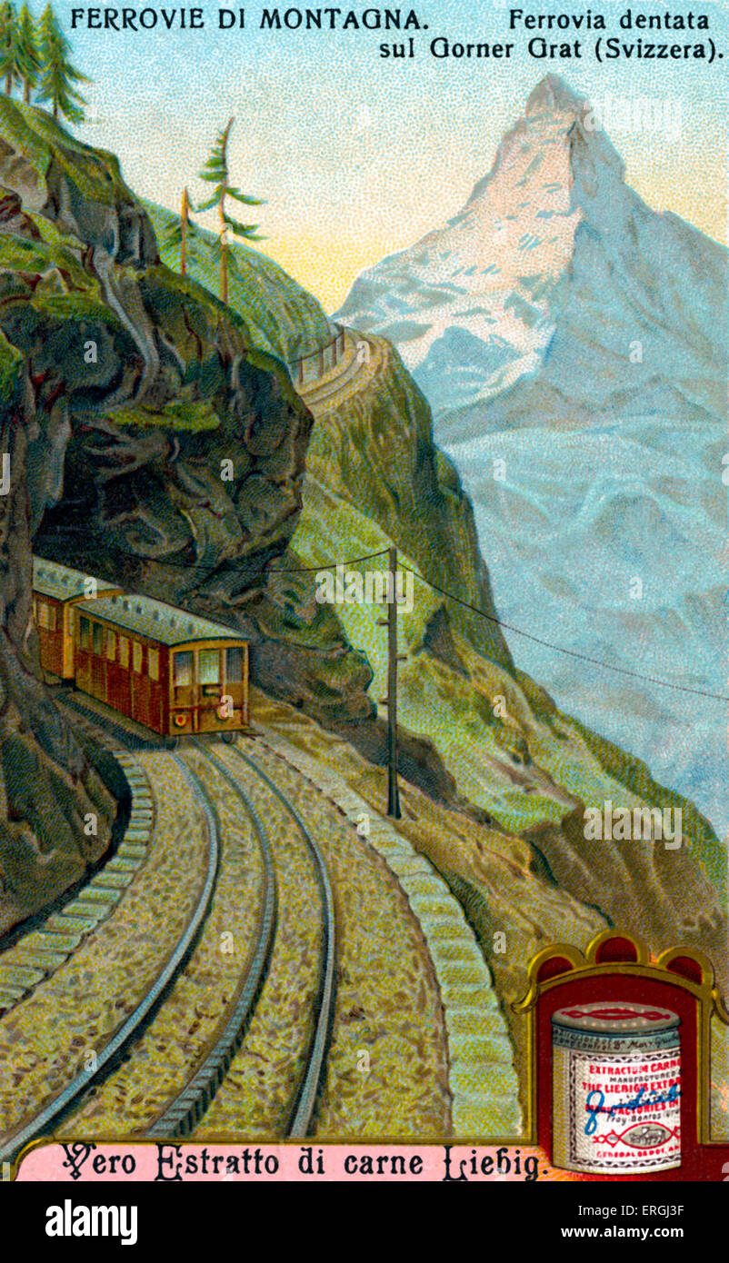 Zahnstange-undzahntrieb Eisenbahn auf Gorner Grat (Gornergrat), Schweiz.  Liebig Sammelkarten-Serie: "Ferrovie di Montagna" Stockfoto