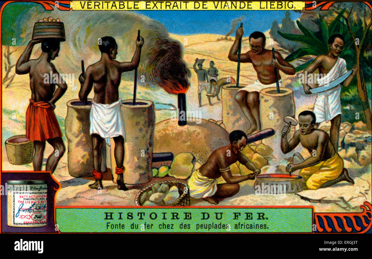 Geschichte des Eisens: Casting Eisen in Afrika.  Liebig Sammelkarten-Serie (französischer Titel: "Histoire du Fer"). 1914. Stockfoto