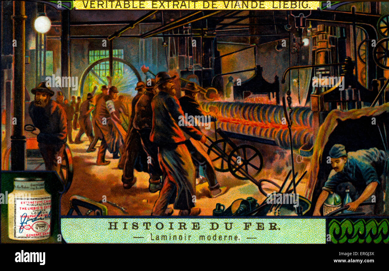 Geschichte des Eisens: Metall Rollen im frühen 20. Jahrhundert. Liebig Sammelkarten-Serie (französischer Titel: "Histoire du Fer"). 1914 Stockfoto