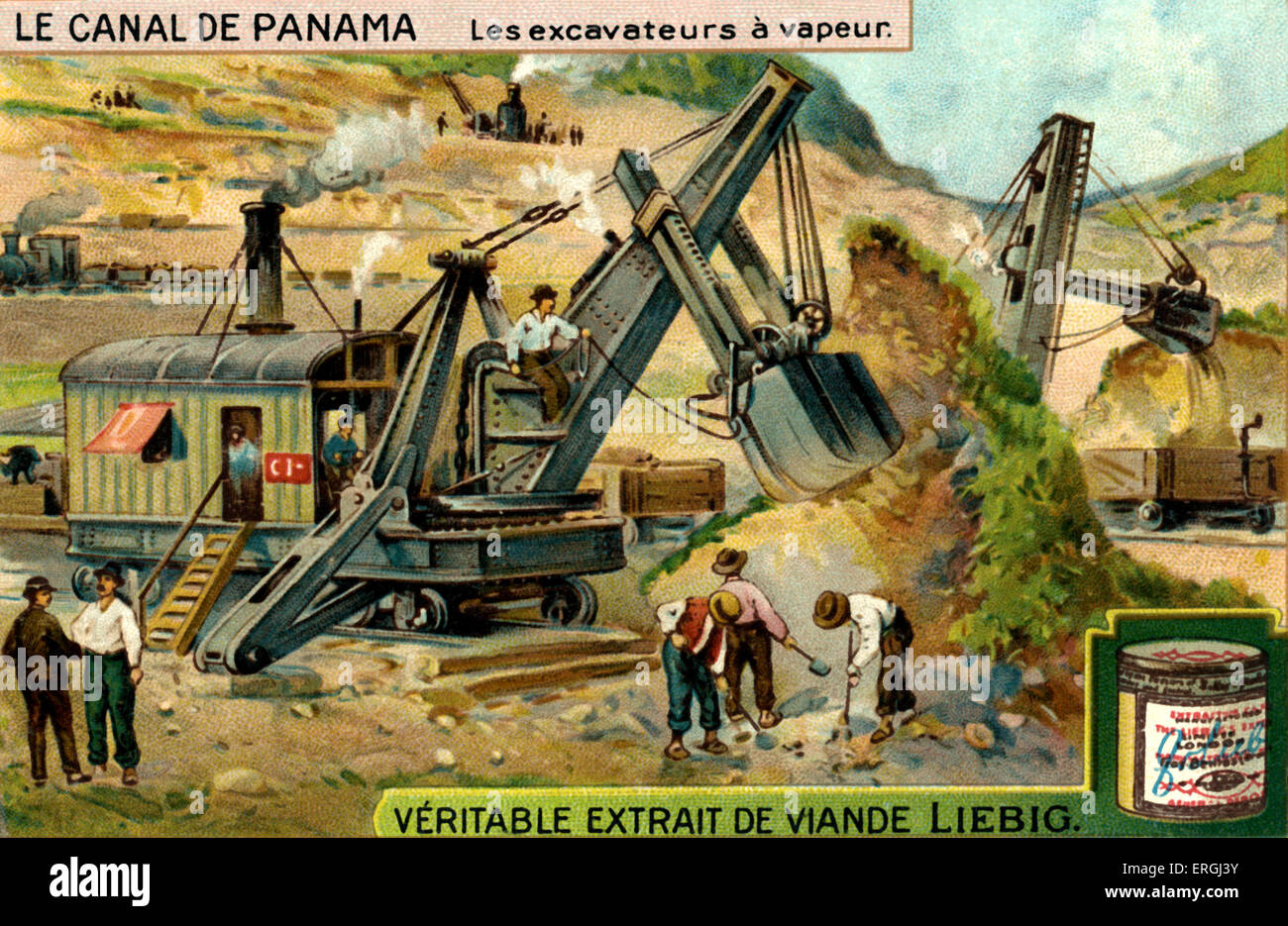 Der Panama-Kanal: Dampf betriebene Ausgrabungen. Liebig-Collecible-Card-Serie (französischer Titel: 'Le Canal de Panama'). Geschliffen wird Stockfoto