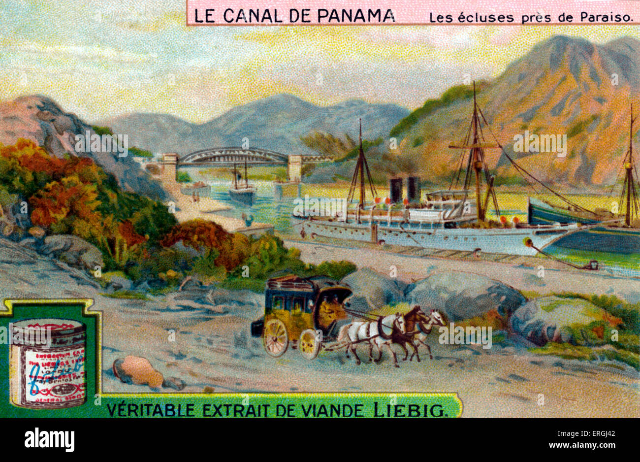 Der Panama-Kanal: Schleusen in der Nähe von Paraiso. Liebig Sammelkarten-Serie (französischer Titel: 'Le Canal de Panama').   Gebaut Stockfoto