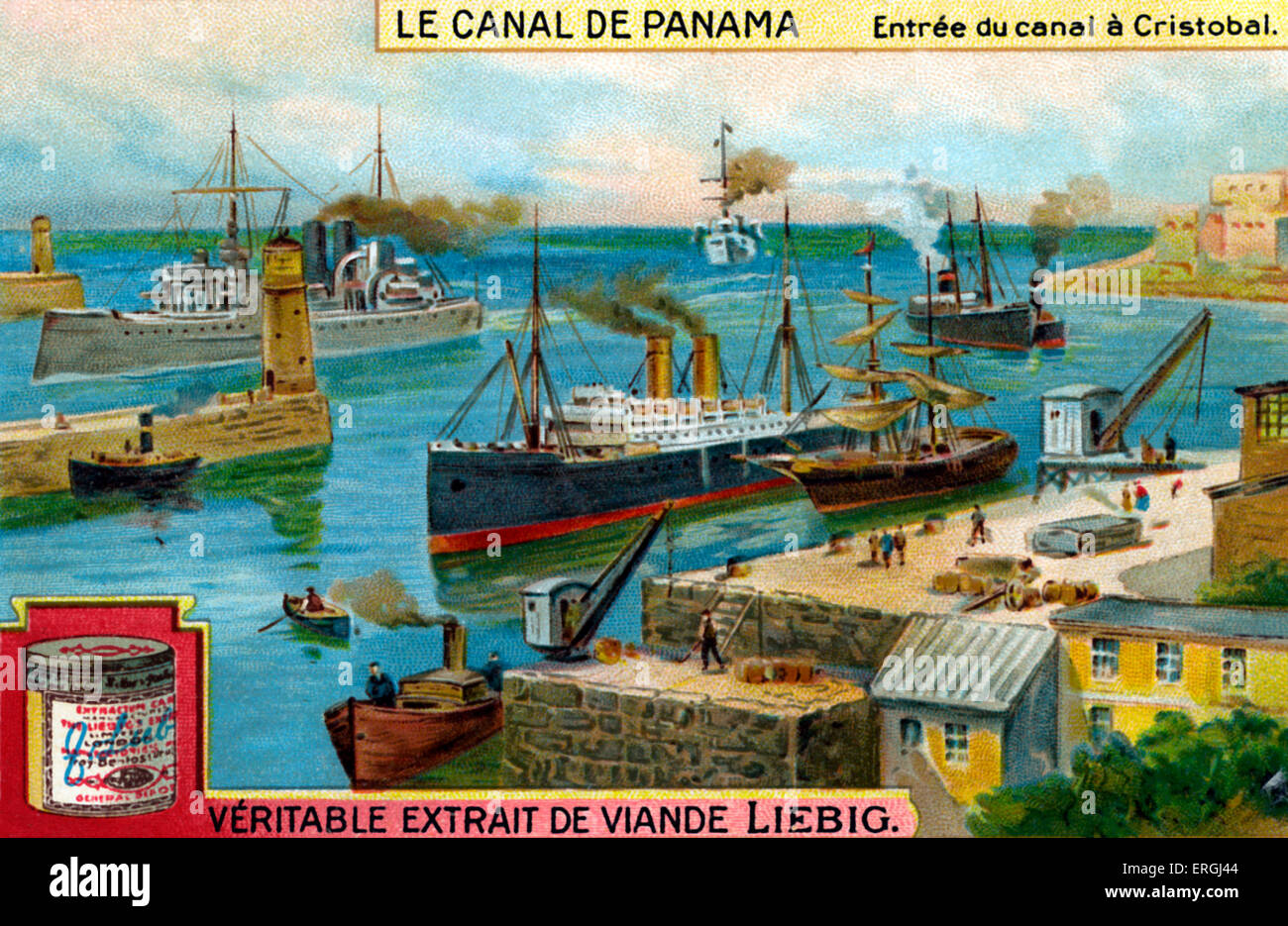 Der Panama-Kanal: Eingang zum Kanal bei Cristobal (auf dem Altanic Ozean).   Liebig Sammelkarten-Serie (französischer Titel: "Le Stockfoto