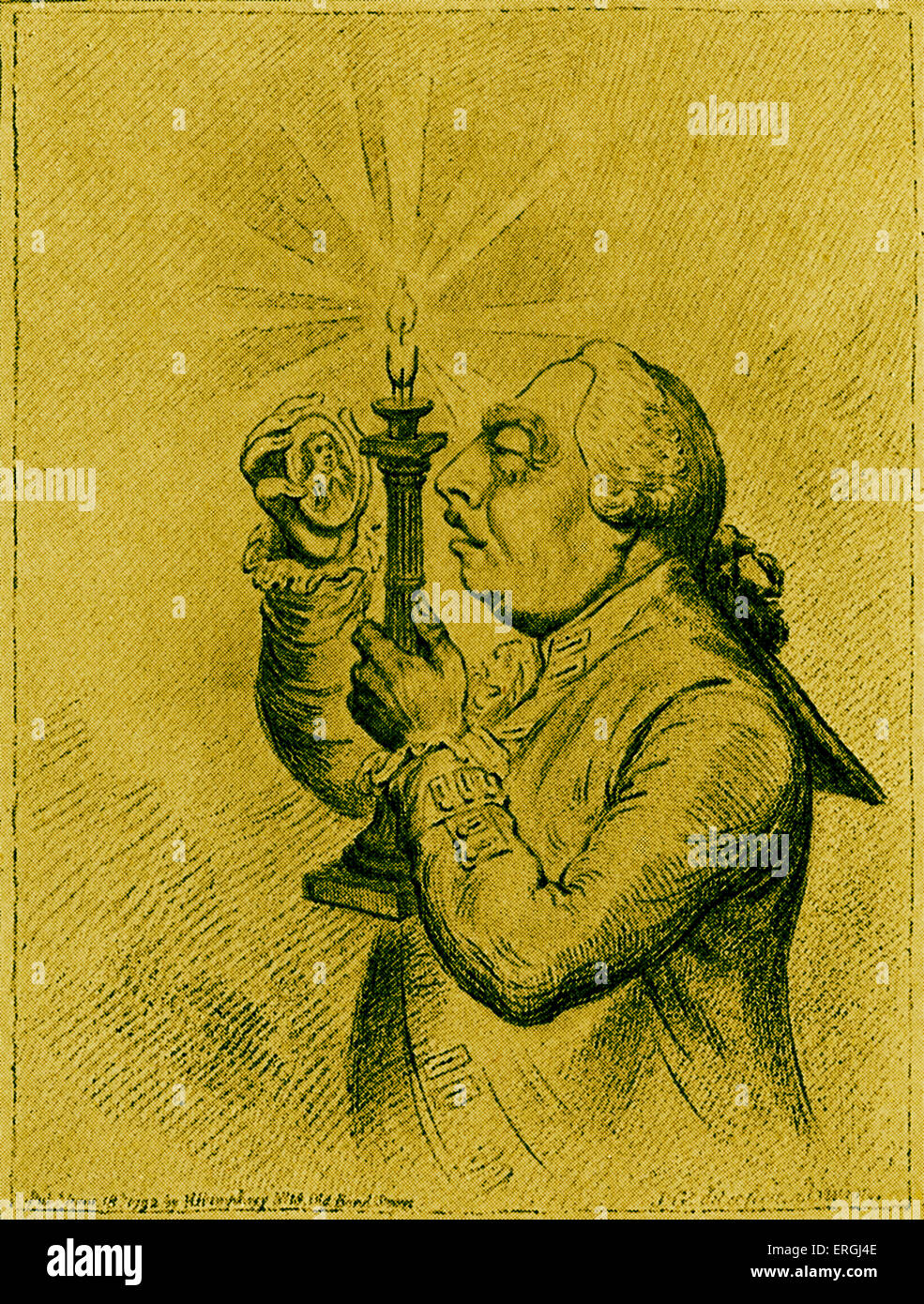 George III Karikatur von James Gillray. George III Prüfung eine Miniatur der republikanischen Führer Oliver Cromwell. Satire auf Stockfoto