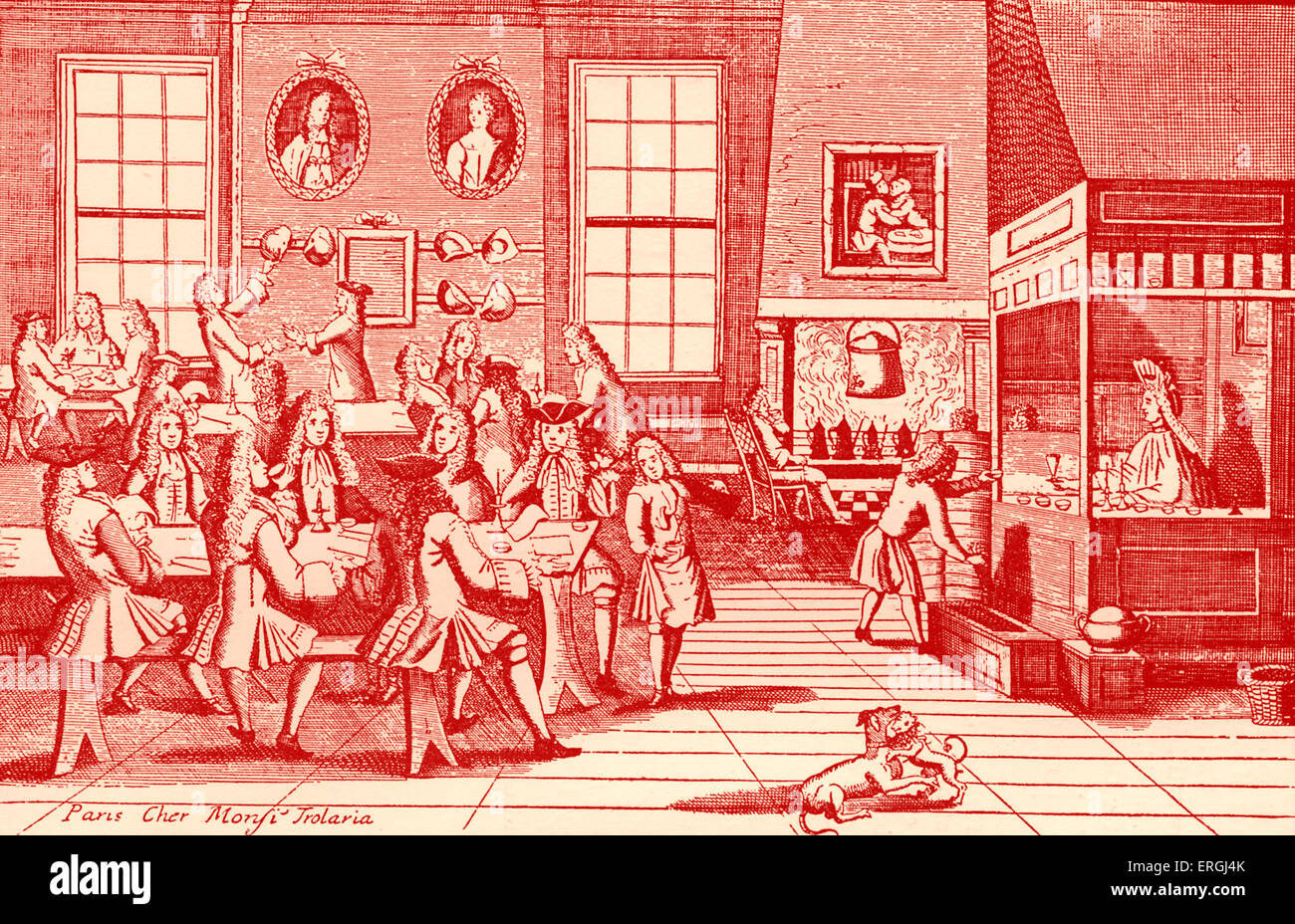 Kaffee-Haus aus dem 18. Jahrhundert. Gravur. Stockfoto