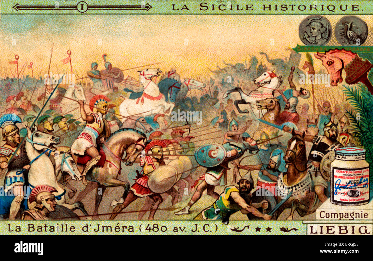 Geschichte von Sizilien: Schlacht von Himera, 480 BC. Abbildung auf Liebig Sammelkartenspiel (Französisch Serie: "La Sizilien Historique"). Stockfoto