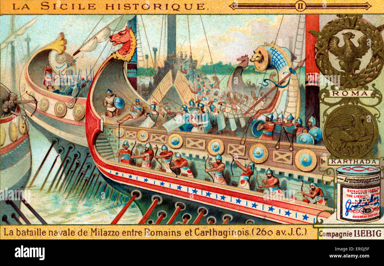 Geschichte von Sizilien: Schlacht von Mylae, 260 v. Chr.. Abbildung auf Liebig Sammelkartenspiel (Französisch Serie: "La Sizilien Historique"). Stockfoto