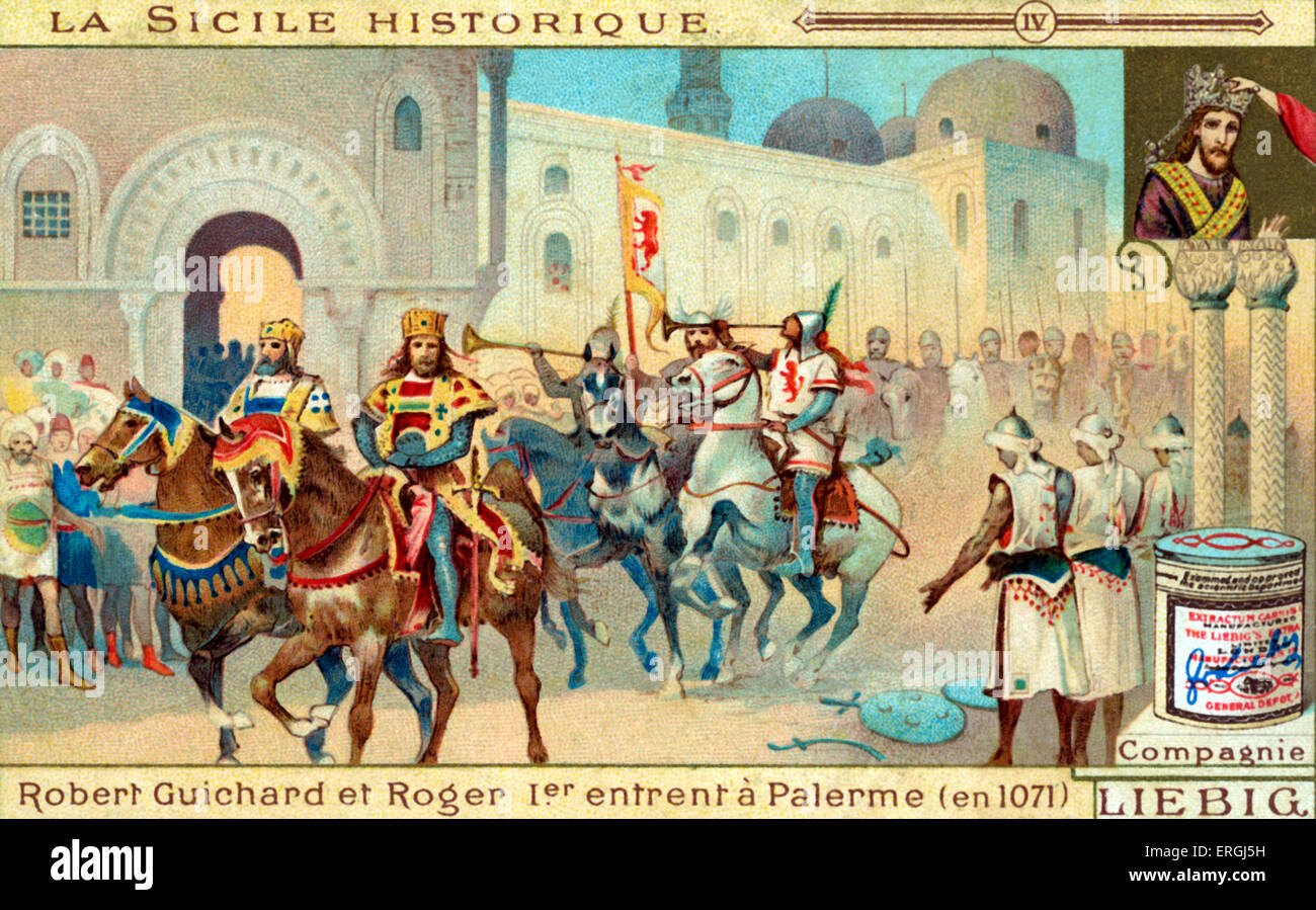 Geschichte von Sizilien: Roger i. von Sizilien & Robert Guiscard in Palermo 1071. Abbildung auf Liebig Sammelkartenspiel Stockfoto