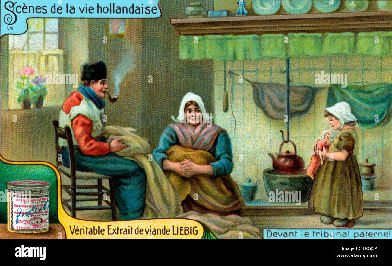 Szenen aus dem niederländischen Leben: elterlichen Hof. Ein junges Mädchen vor ihren Eltern.  Liebig Sammelkarten-Abbildung (Französisch Stockfoto