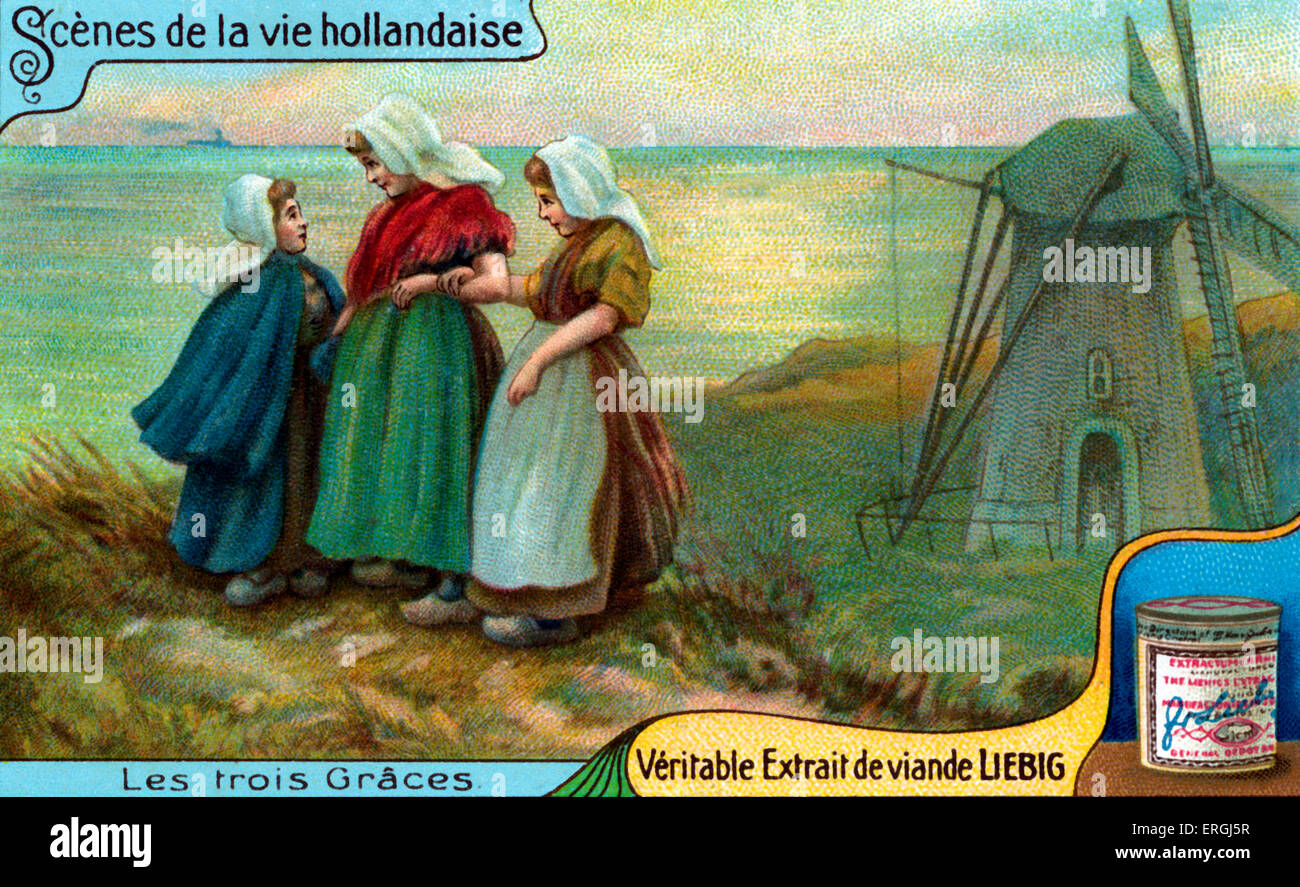 Szenen aus dem niederländischen Leben: die drei Grazien. Drei junge Mädchen.  Liebig Sammelkarten-Abbildung (Französisch-Series-Titel: "Scènes Stockfoto