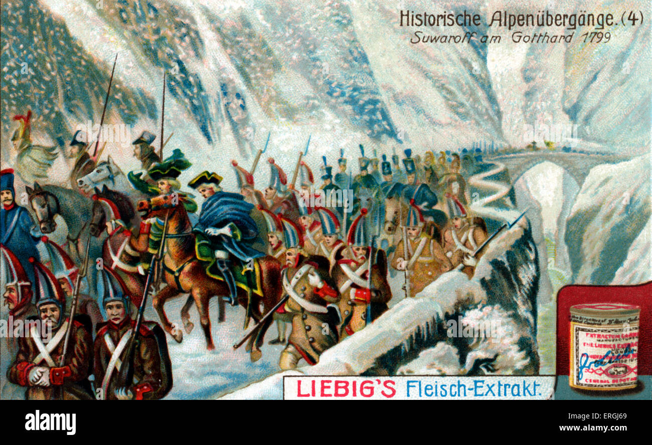 Alexander Suvorov Überquerung der Alpen im Jahr 1799 am Gotthard-Pass als Kommandeur der russischen Armee gegen die französischen Truppen. Stockfoto
