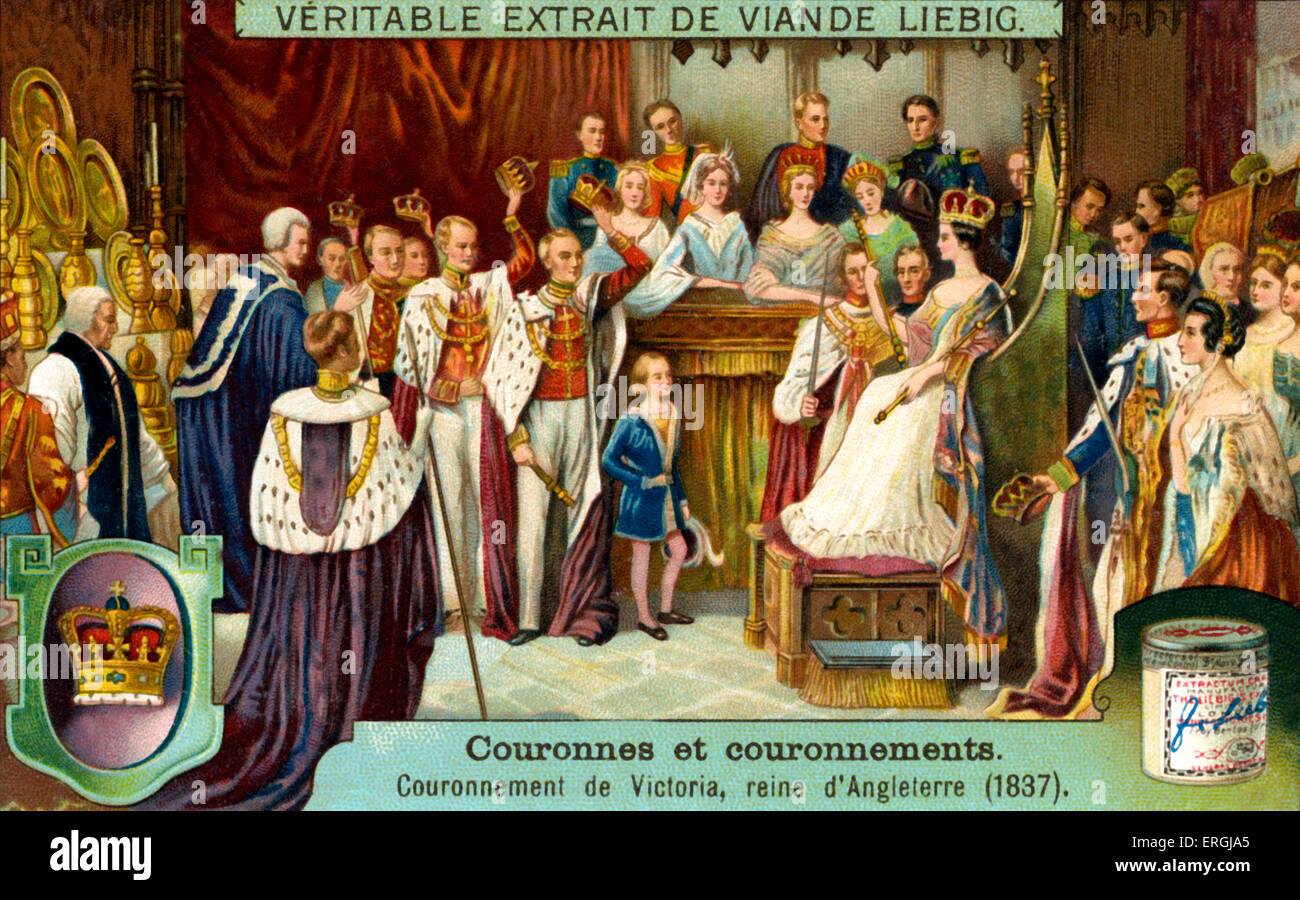 Königin Victorias Krönung, 28. Juni 1838. Illustration von Liebig Sammelkartenspiel (Titel der Serie: "Couronnes et Stockfoto