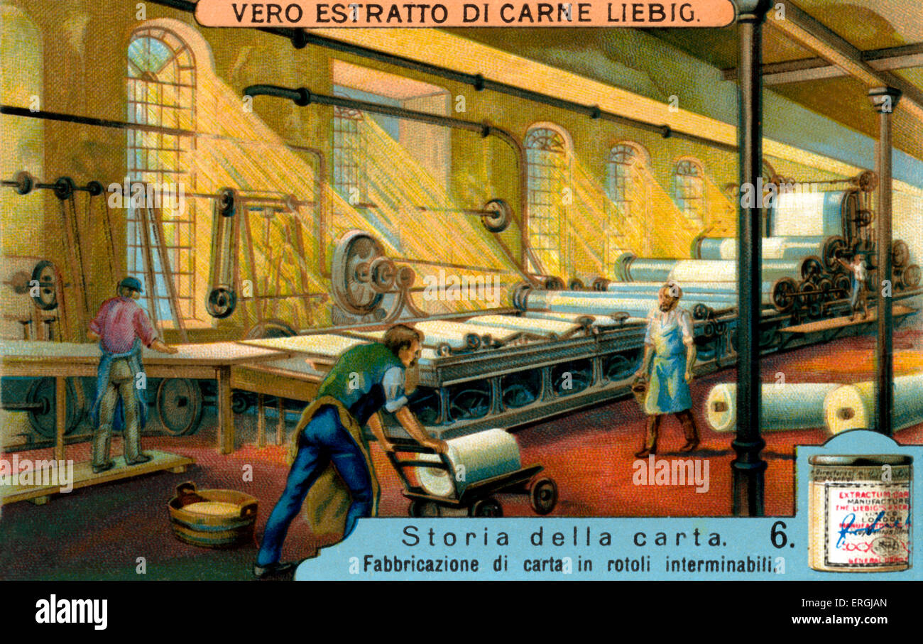 Geschichte des Papiers: Papierrolle Herstellung.  Illustration von Liebig Sammelkartenspiel (italienischer Serientitel: "Storia della Stockfoto