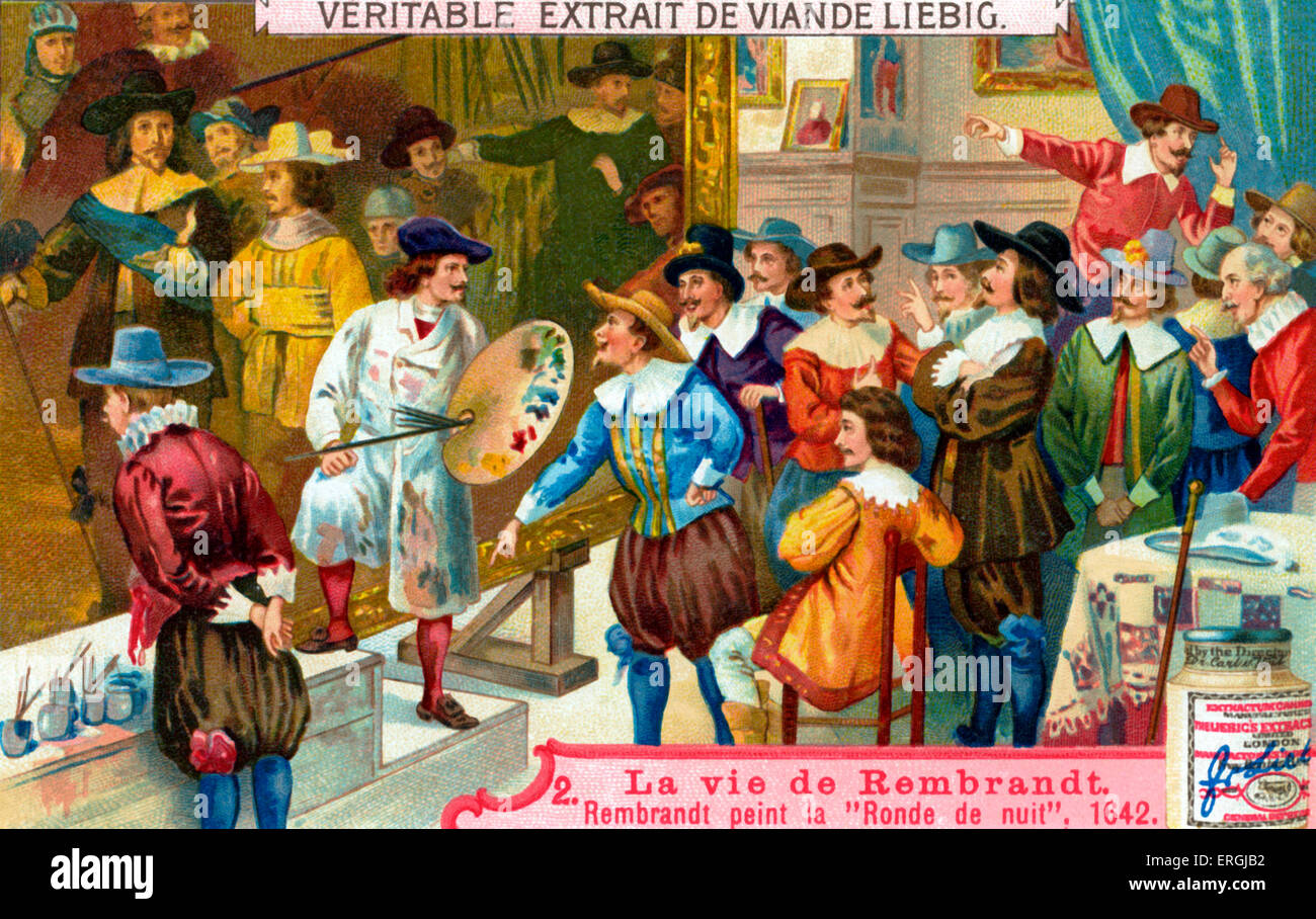 Rembrandts Gemälde "die Nachtwache" im Jahre 1642. Auch bekannt als "The Shooting Company von Frans Banning Cocq". Rembrandt Harmenszoon van Rijn, niederländischer Maler und Radierer, 15. Juli 1606 – 4. Oktober 1669. Illustration von Liebig Sammelkartenspiel (französischer Titel: "La Vie des Rembrandt" / "Leben von Rembrandt"). 2 von 6. Stockfoto