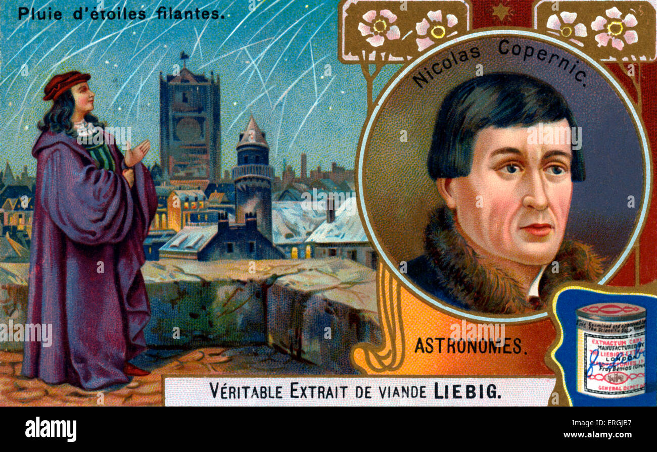 Nicolaus Copernicus - vor dem Hintergrund der Sternschnuppen.  Porträt-Abbildung auf Liebig Sammelkartenspiel (französische Baureihe Stockfoto