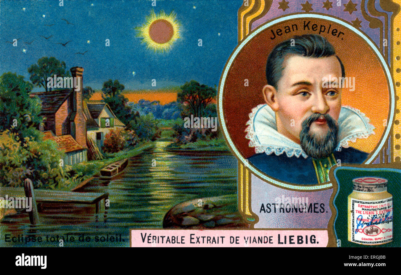 Johannes Kepler - im Bild mit Abbildung der totalen Sonnenfinsternis. Porträt-Abbildung auf Liebig Sammelkartenspiel (Französisch Stockfoto