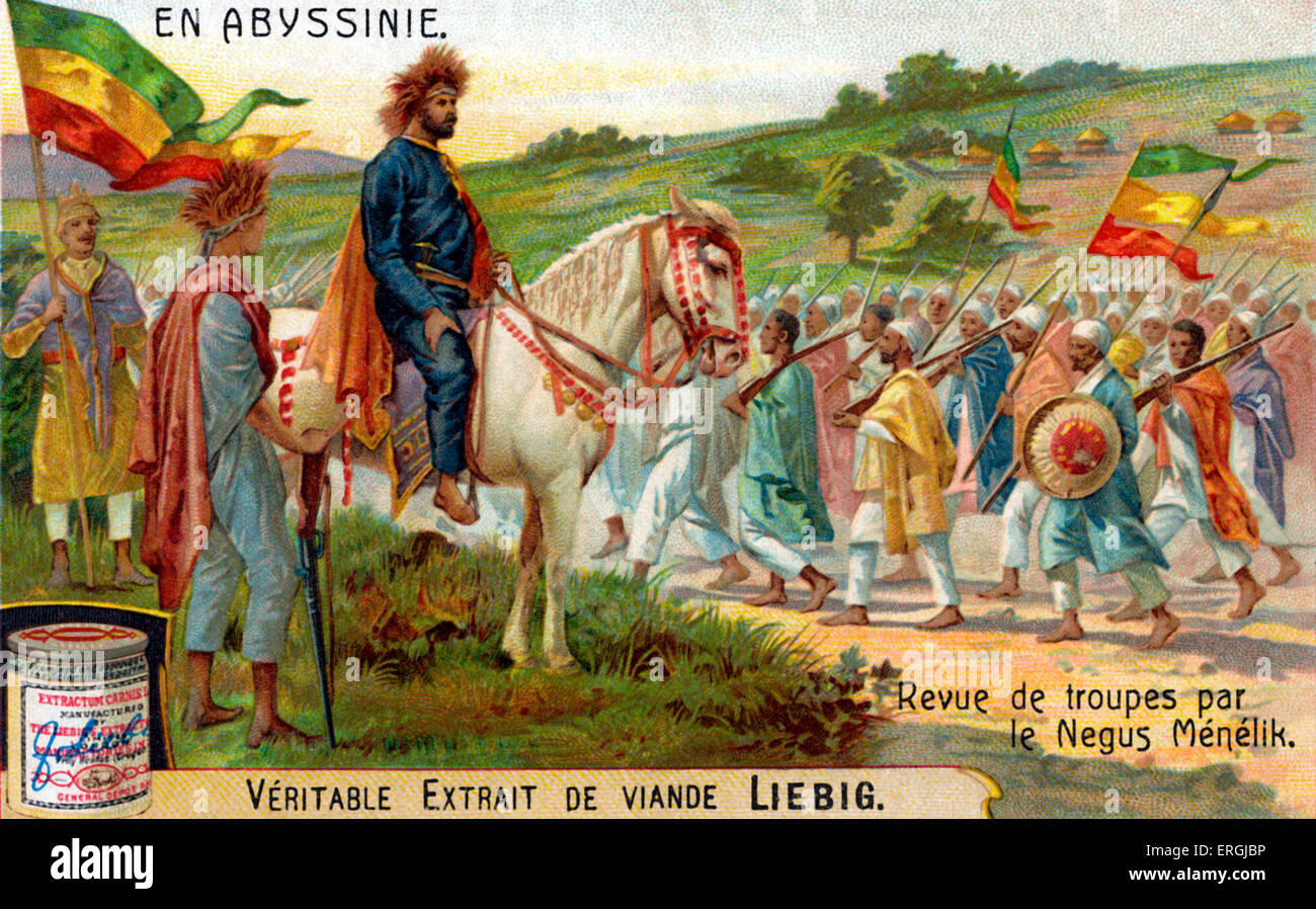 Menelik II Inspektion Truppen - Abbildung, 1906. Von Liebig Sammelkartenspiel (Französisch-Series-Titel: "de Abyssiniedie"/"In Stockfoto