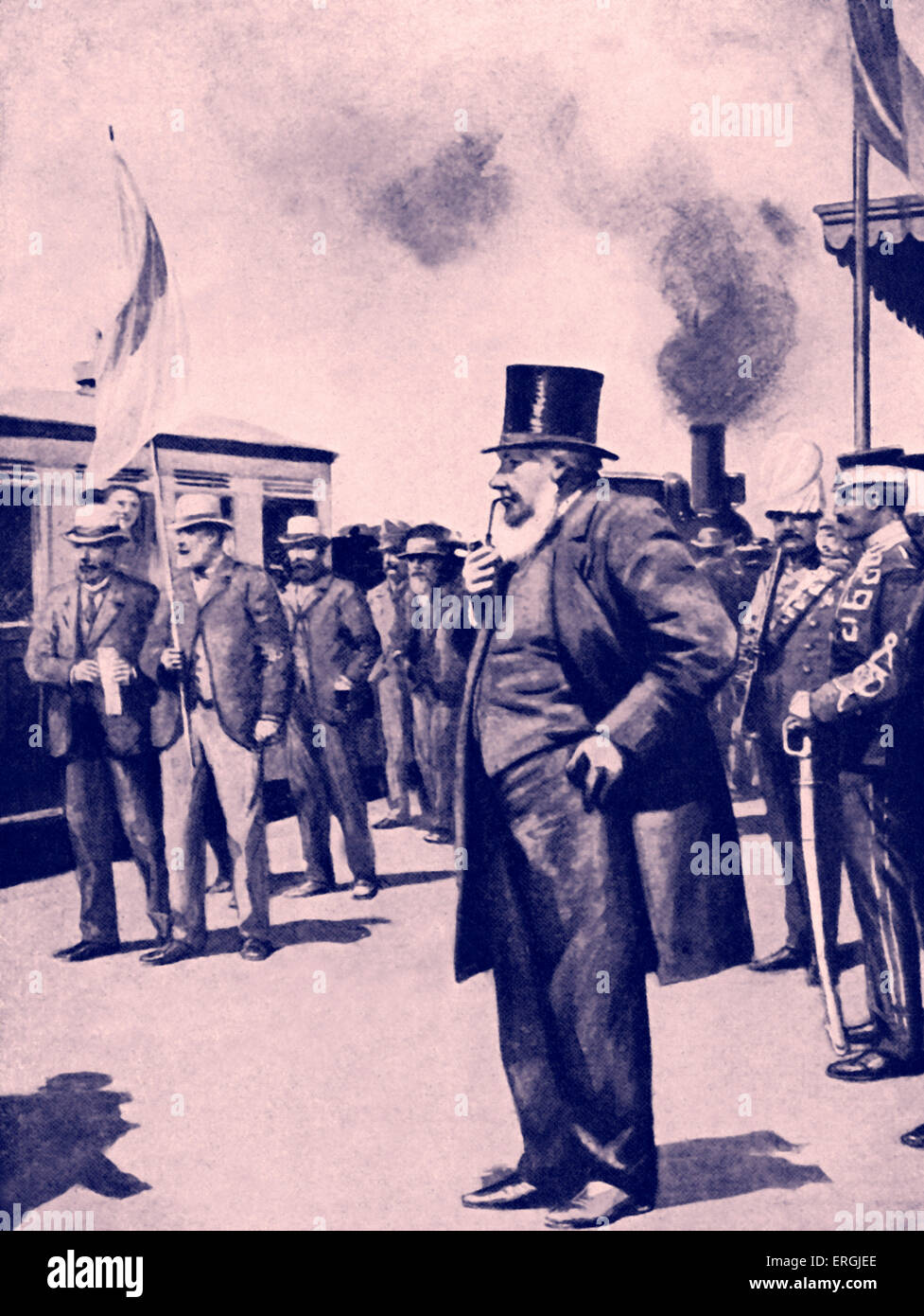 Präsident Paul Kruger vor Ankunft der ersten Eisenbahn Zug an Bocksburg, Südafrikanische Republik (Transvaal), 1888. Stephanus Stockfoto