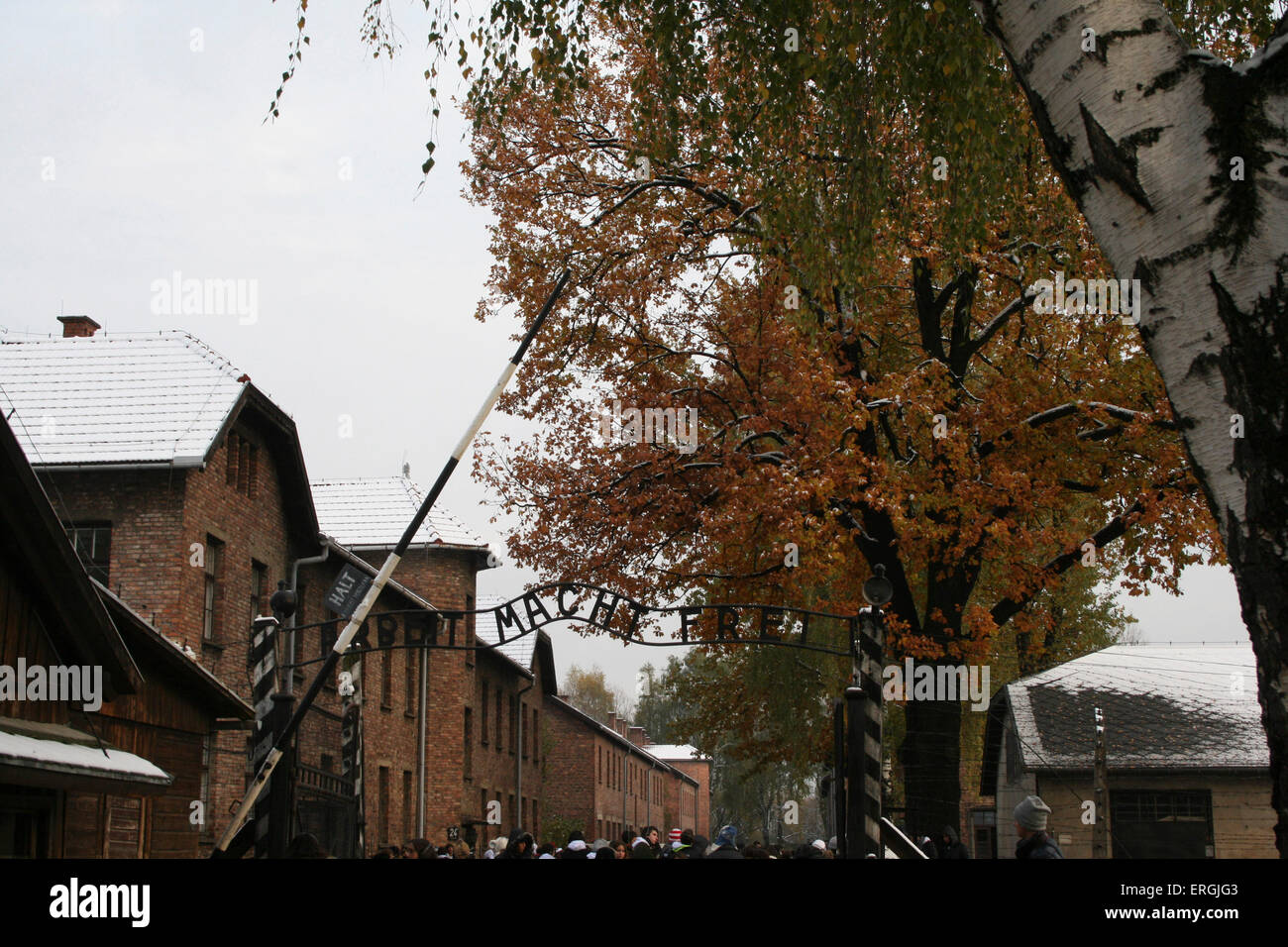 Nazi-KZ-Auschwitz, die ich Eintritt. Eisen Sie Schild mit der Aufschrift "Arbeit Macht Frei" / arbeiten Sie befreit. Nazis Cycnical verwenden Slogan Flaute Gefangenen in fünffachen. (Konzentrationslager Auschwitz). 28.20.2012 Polen Stockfoto