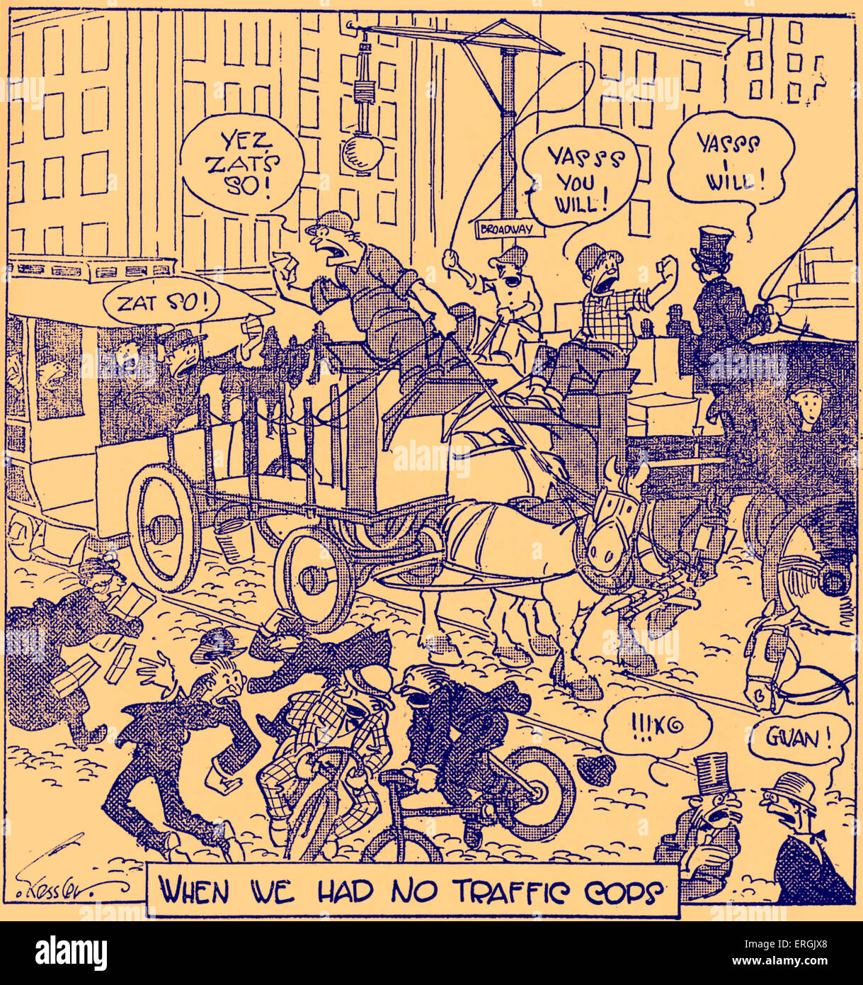 Verkehr in New York, Ende des neunzehnten Jahrhunderts. Humorvolle Karikatur: "Wir hatten keine Verkehrspolizisten". Kutsche Fahrer schreien Stockfoto