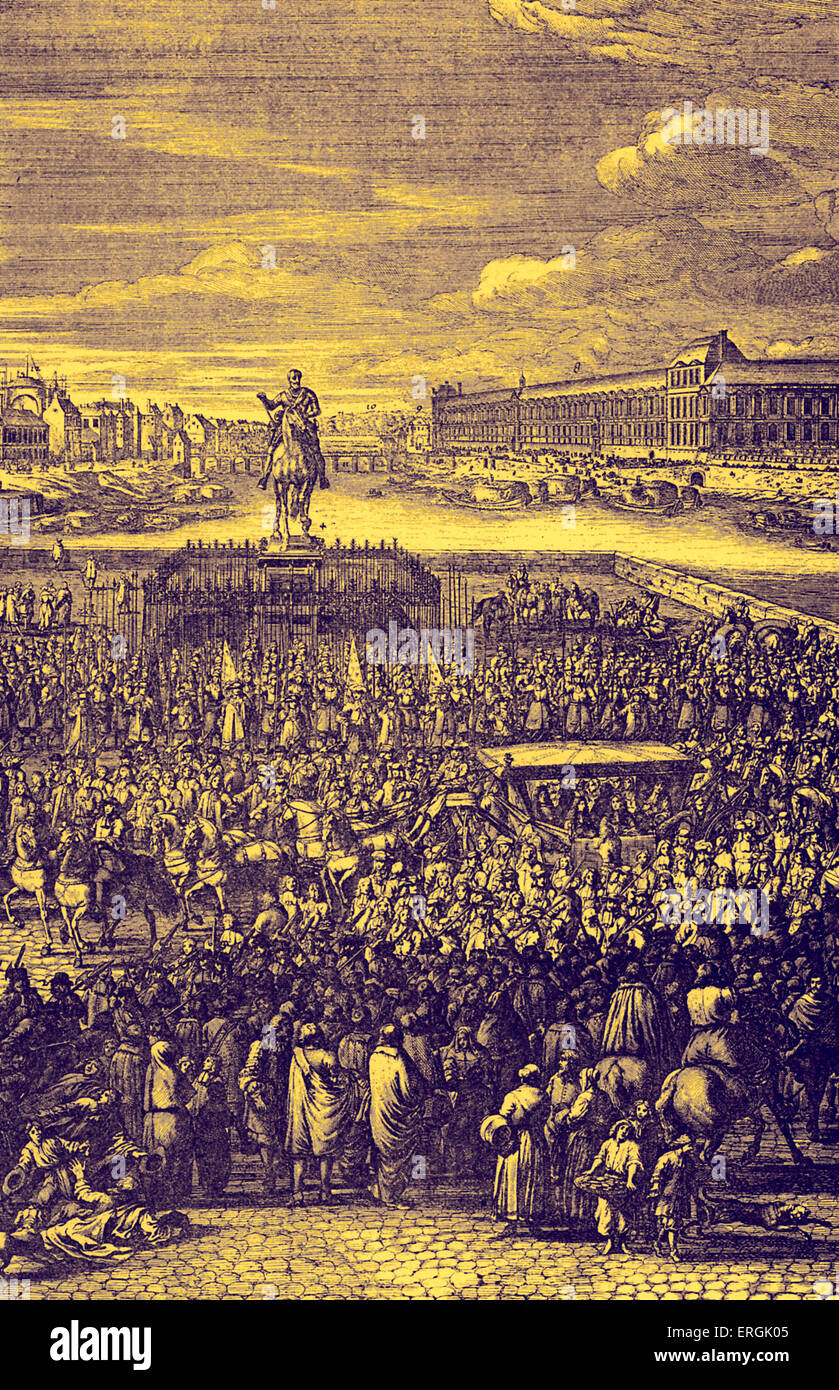 Louis XIV die Beförderung auf dem Pont-Neuf, Paris. Nach Van der Meulen. LXIV: König von Frankreich und Navarra von 1643 bis zum Tod. Bekannt als König (Roi Soleil), 5. September 1638 – 1. September 1715. Stockfoto