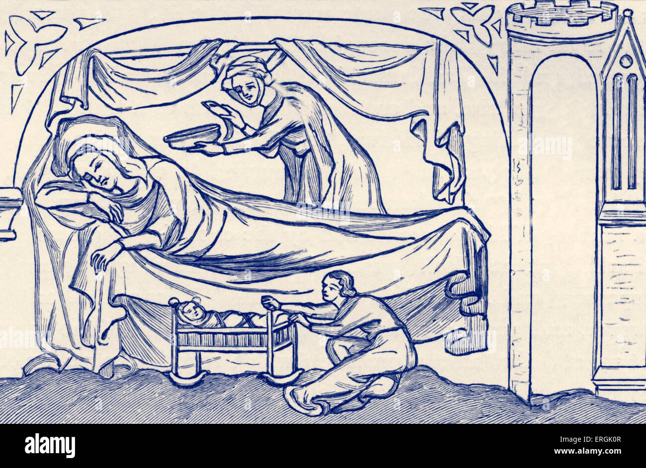 Bett und Wiege - Anfang des 14. Jahrhunderts. Stockfoto