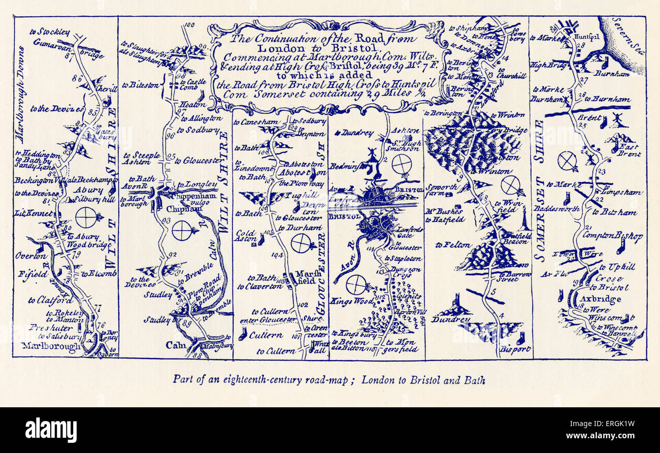 Fahrplan: London, Bristol und Bath, 18. Jahrhundert Stockfoto