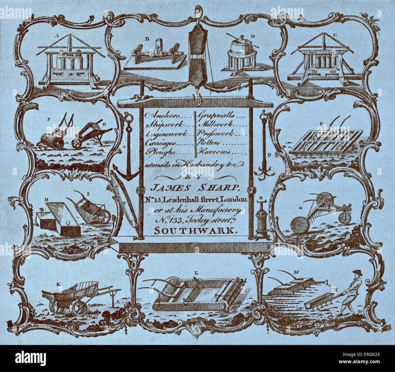 James Sharp, Hersteller von landwirtschaftlichen Impliments. Anzeige vom Ende des 18. Jahrhunderts. Shop in Leadenhall Street und seine Stockfoto