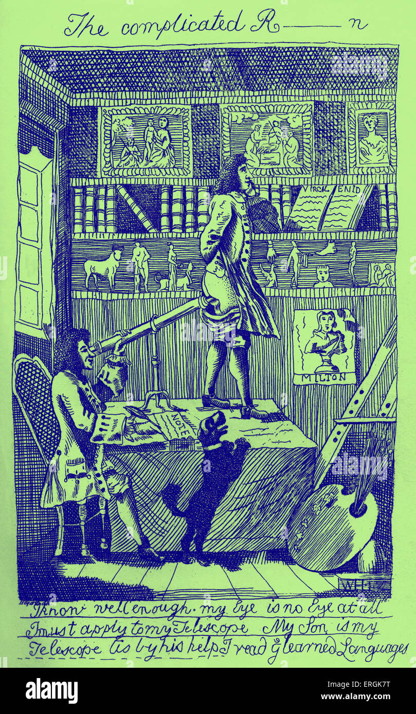 Jonathan Richardson - Karikatur von William Hogarth. (Titel: "Die komplizierte R   n").  Richardson ist bei Virgil durch gucken. Stockfoto
