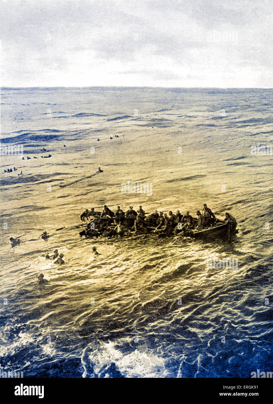 Überlebenden auf ein Rettungsboot von der Cunard-Liner "Ivernia", nach deutschen u-Boot im Mittelmeer, Janurary versenkt Stockfoto