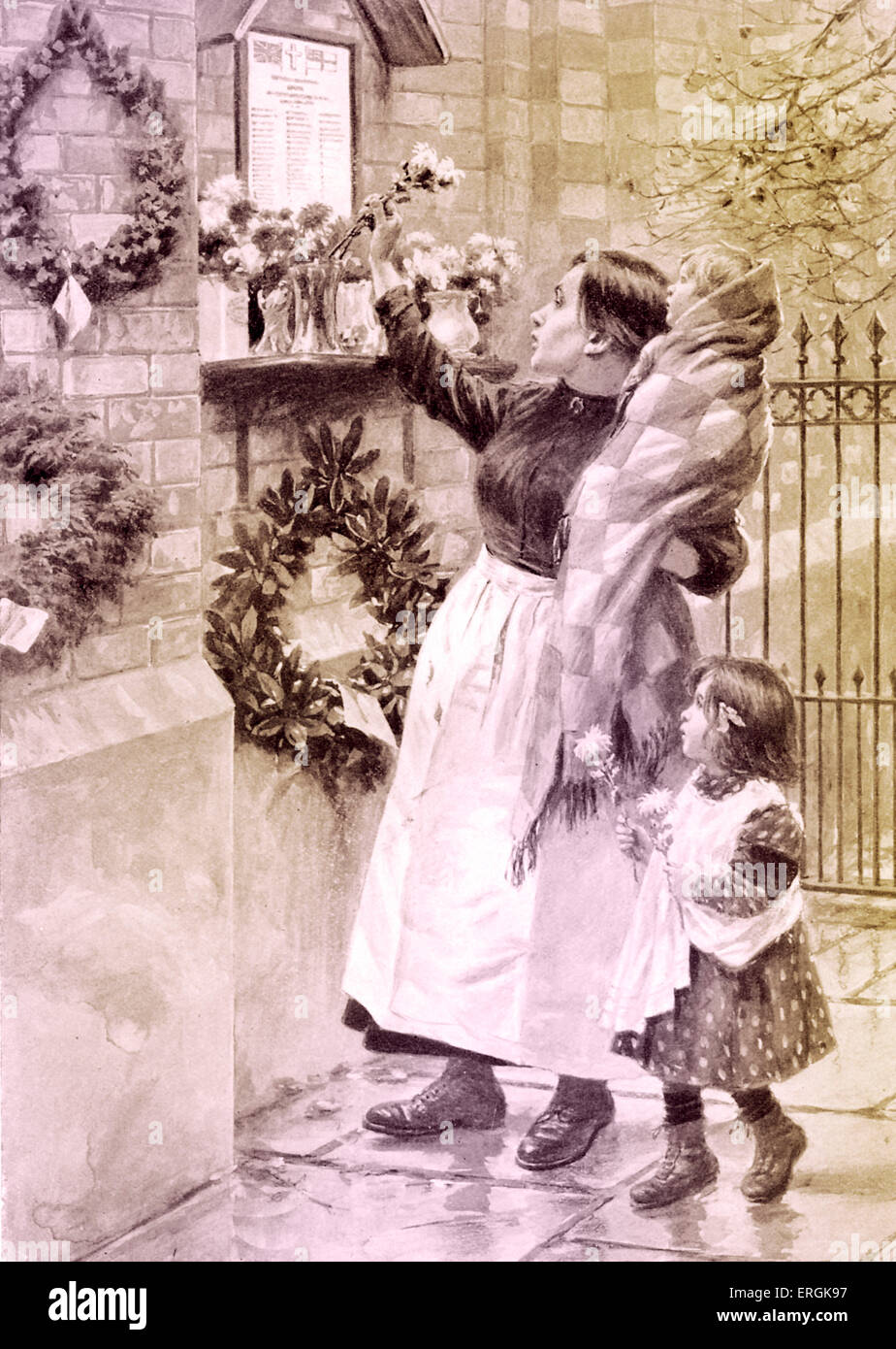 WW1: Mutter und ihre älteste Tochter legen Blumen am Denkmal für die Soldaten des ersten Weltkrieges, nach der Zeichnung von Samuel Stockfoto