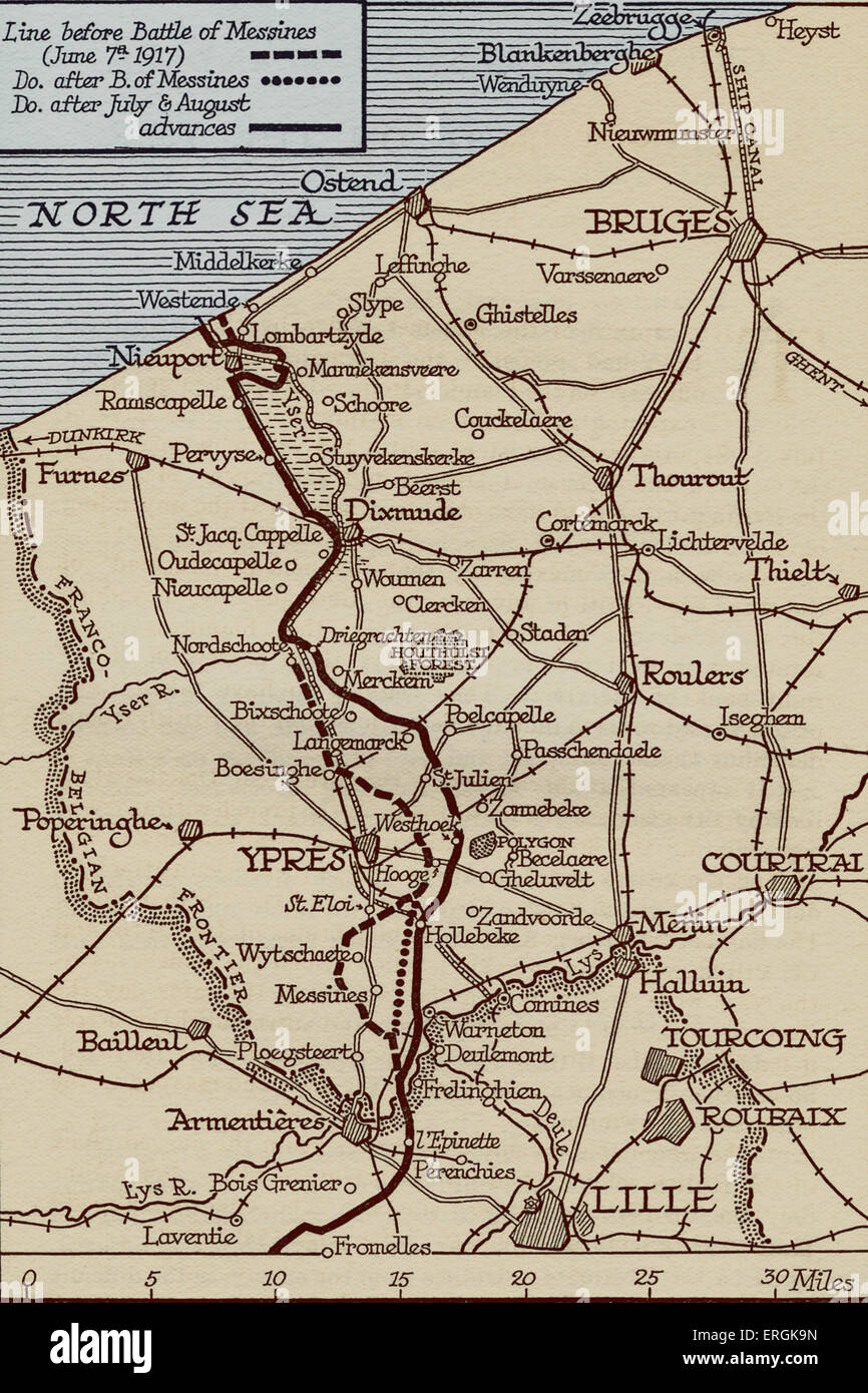 Karte von der Front in Flandern, Belgien, während des 1. Weltkrieges, Juli und August 1917. Stockfoto