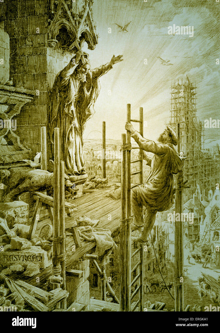 WW1: eine Allegorie, in der ein Bauherr ein Gerüst um eine Kathedrale zu reparieren klettert Wiederaufbau Großbritanniens nach WW1. "Resurgam' nach einem Stockfoto