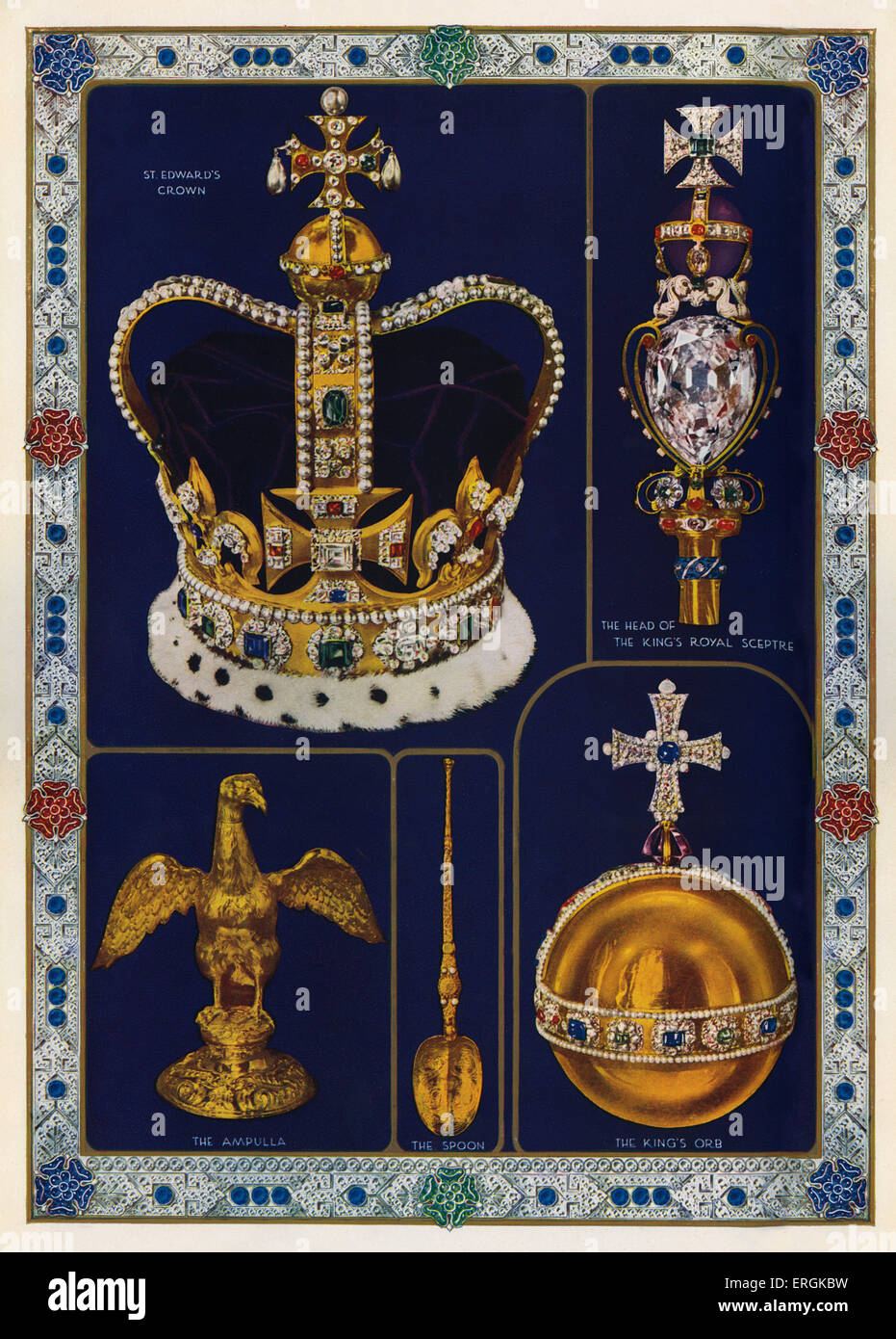 Die Symbole der britischen Kolonialmacht, arrangiert für die Krönung von König George VI, 1936. Aufgeführt sind die Ampulla und Löffel; Stockfoto