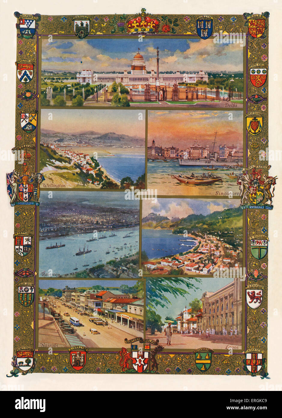Hauptstädte des britischen Empire, 1936. Spitze, Delhi, Indien; unten links, Wellington. Neuseeland; unteren rechten Ecke, Singapur; niedrigere Stockfoto