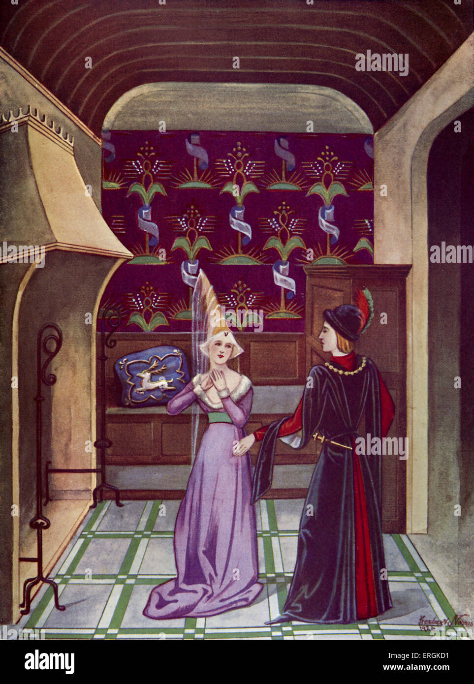 Eine aristokratische Ehepaar, Ende des 15. Jahrhunderts. Diese Szene scheint eine Episode der höfischen Liebe darzustellen.  Herbert Norris Künstler Stockfoto